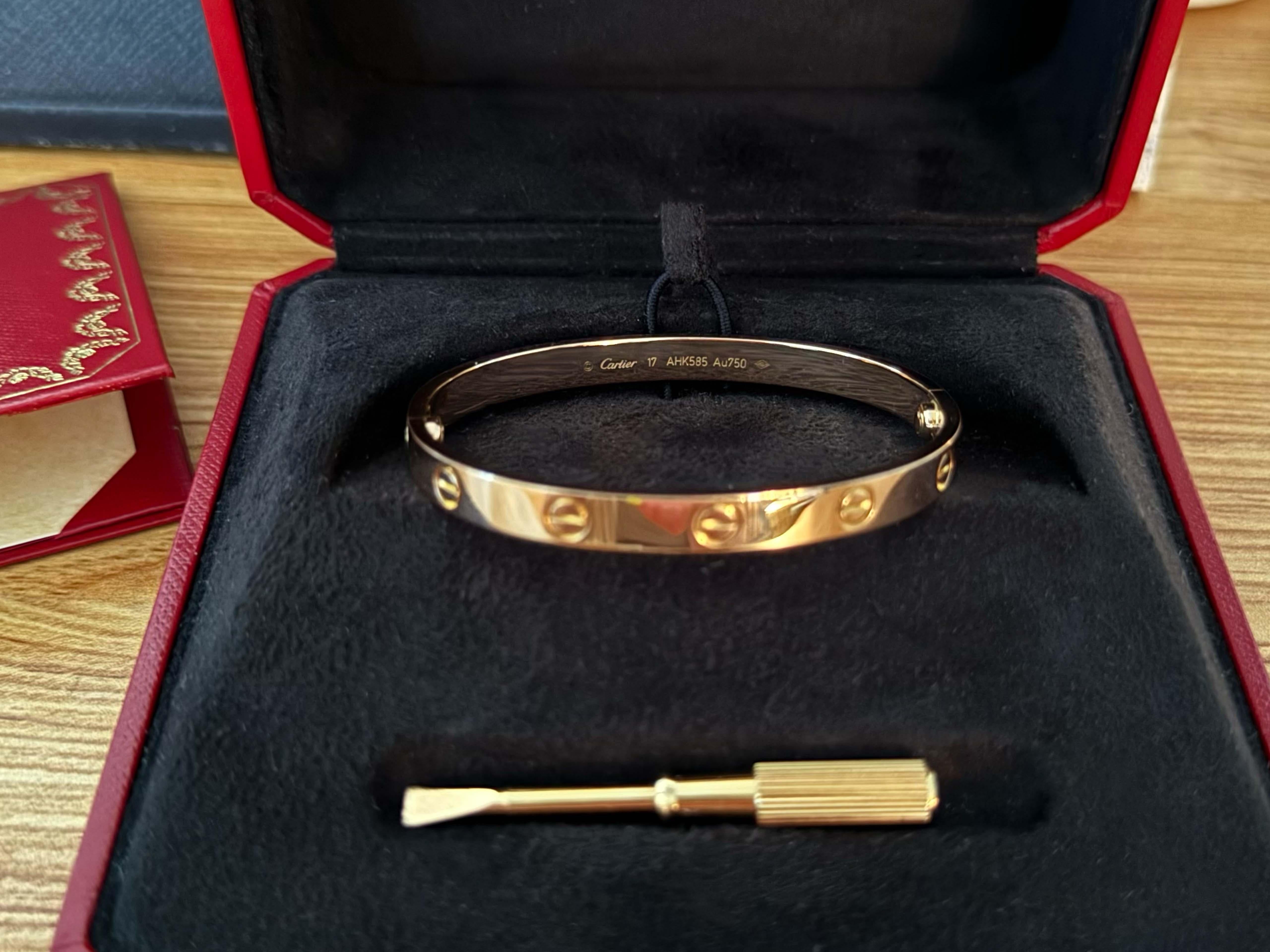 Women's or Men's Cartier Love Bracelet in 18K Rose Gold Size 17 With Box and Papers For Sale