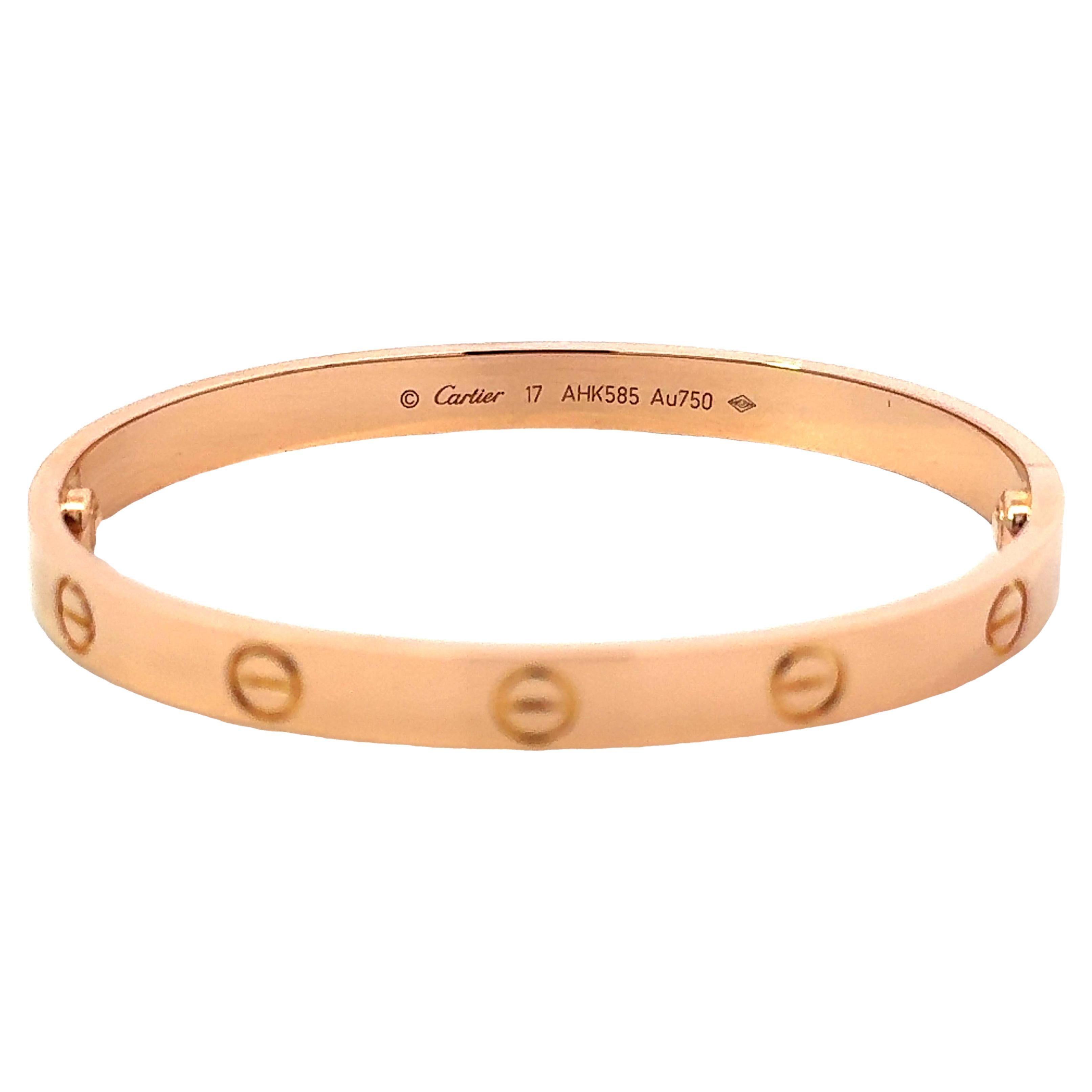 Cartier Love Bracelet in 18K Rose Gold Size 17 With Box and Papers For Sale