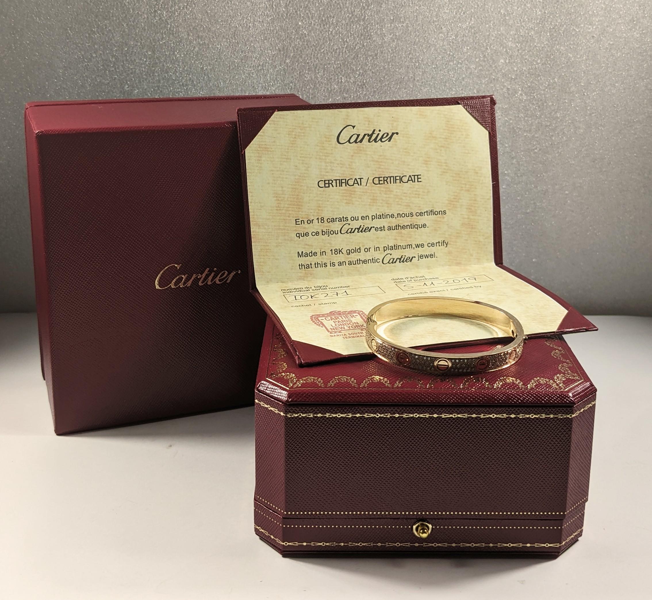 Brilliant Cut Cartier LOVE Bracelet in 18k rose gold with pavé of diamonds box and papers For Sale