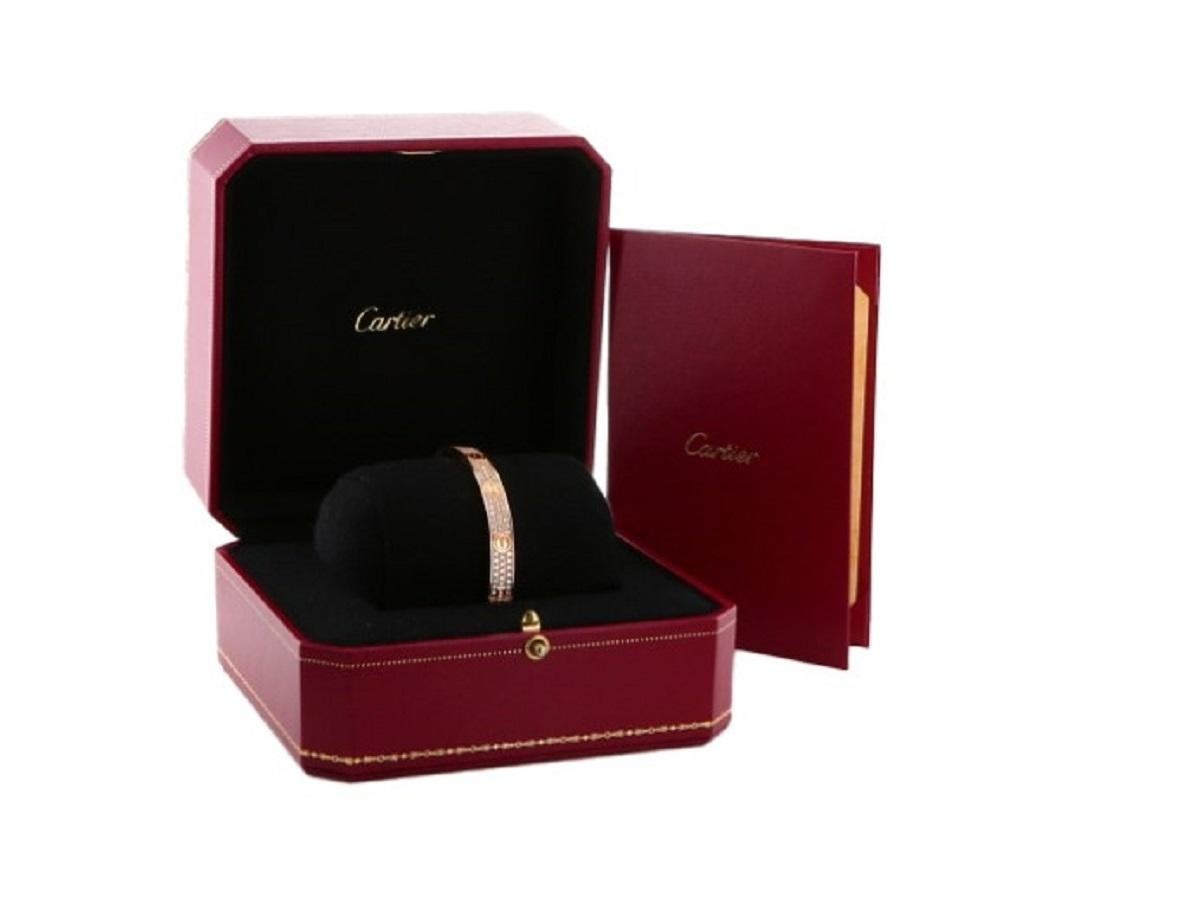 Contemporary Cartier LOVE Bracelet in 18k rose gold with pavé of diamonds box and papers For Sale