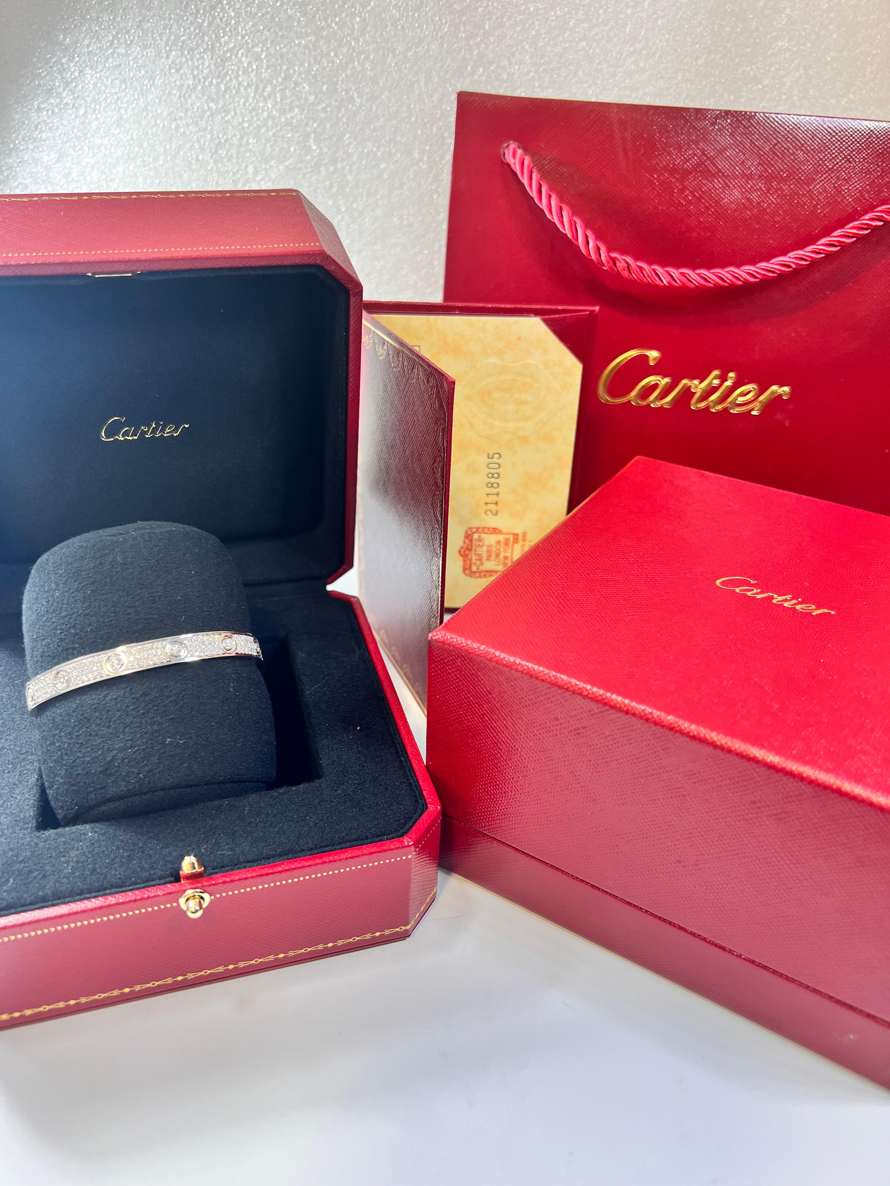 Cartier LOVE Bracelet in 18k white gold and 3.70ct diamonds with box & papers For Sale 7