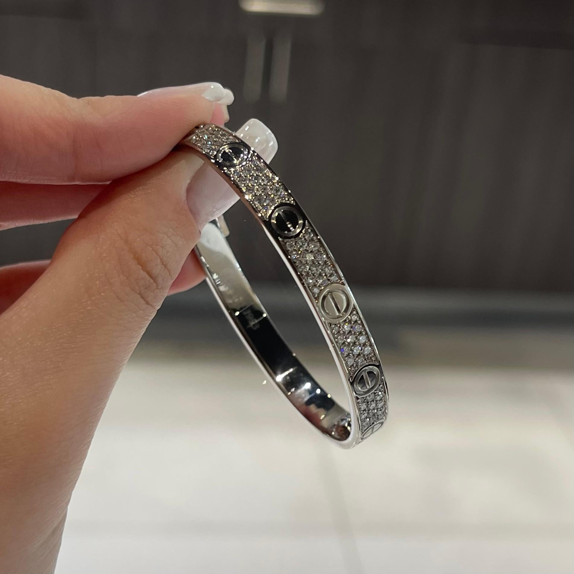 Round Cut Cartier Love Bracelet in 18k White Gold Custom Diamonds Size 16
