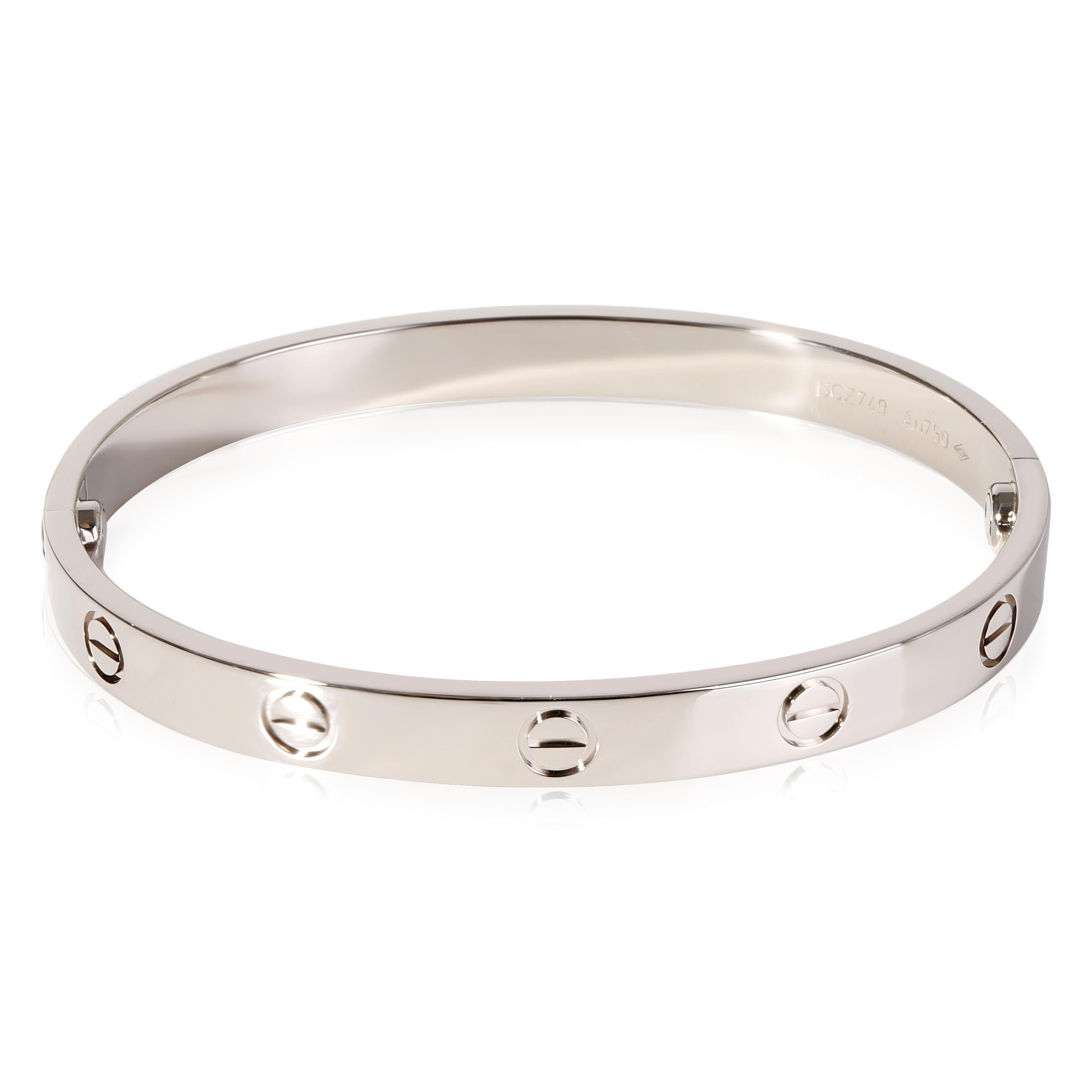 Cartier LOVE Bracelet in 18k White Gold

PRIMARY DETAILS
SKU: 117345
Listing Title: Cartier LOVE Bracelet in 18k White Gold
Condition Description: Retails for 7400 USD. In excellent condition and recently polished. Cartier Size 17. Comes with Box,