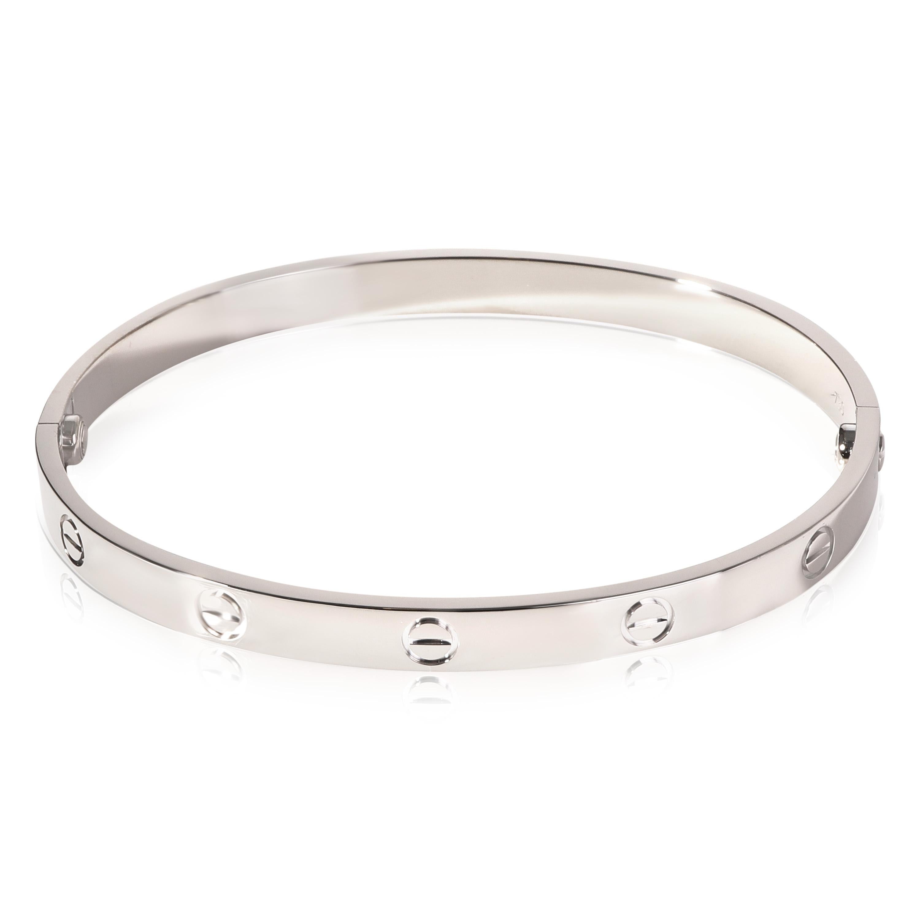 Cartier LOVE Bracelet in 18K White Gold

PRIMARY DETAILS
SKU: 118200
Listing Title: Cartier LOVE Bracelet in 18K White Gold
Condition Description: Retails for 6495 USD. In excellent condition and recently polished. Cartier Size 20.Comes with Box,