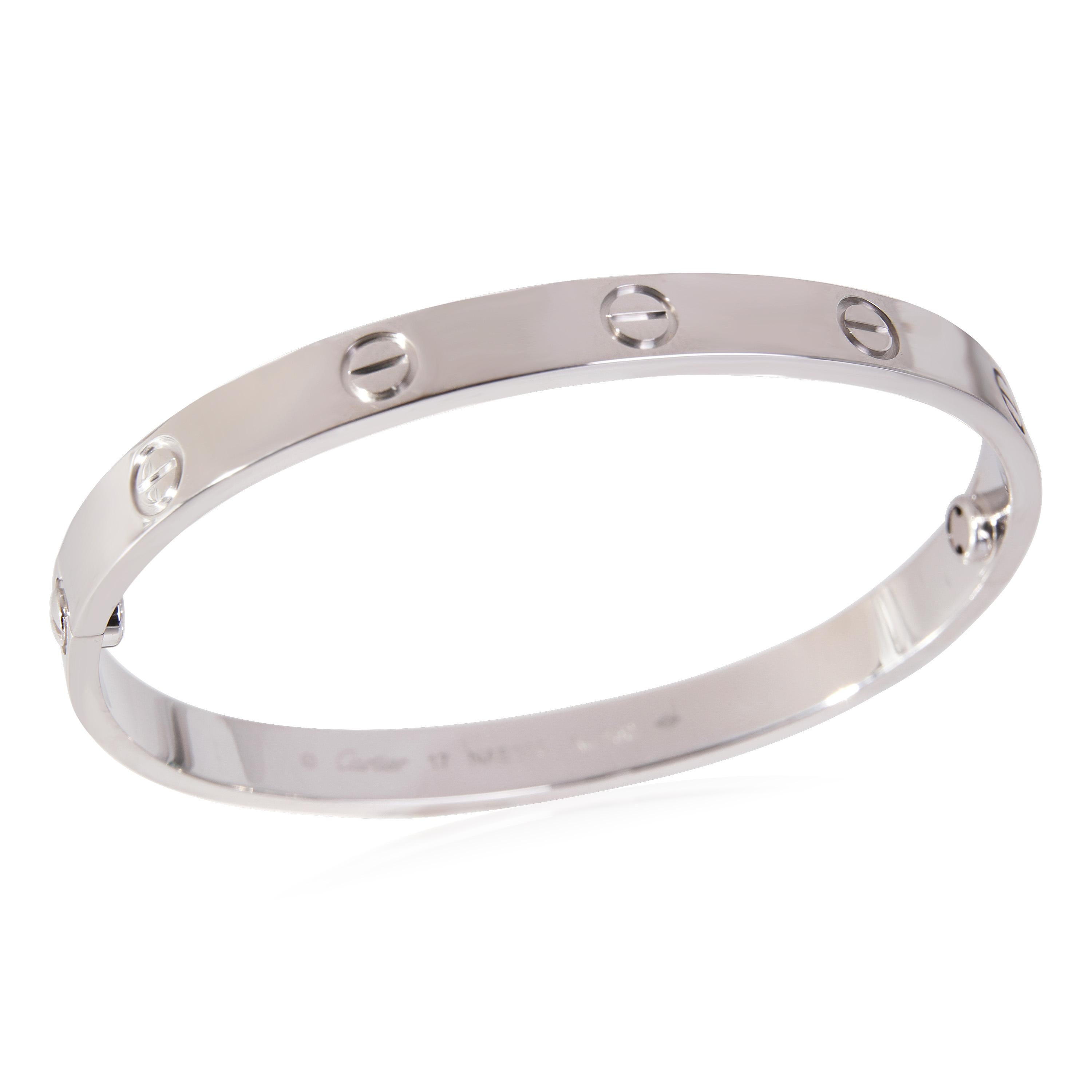Cartier Love Bracelet in 18k White Gold

PRIMARY DETAILS
SKU: 120747
Listing Title: Cartier Love Bracelet in 18k White Gold
Condition Description: Retails for 7400 USD. In excellent condition and recently polished. Cartier size 17. Comes with