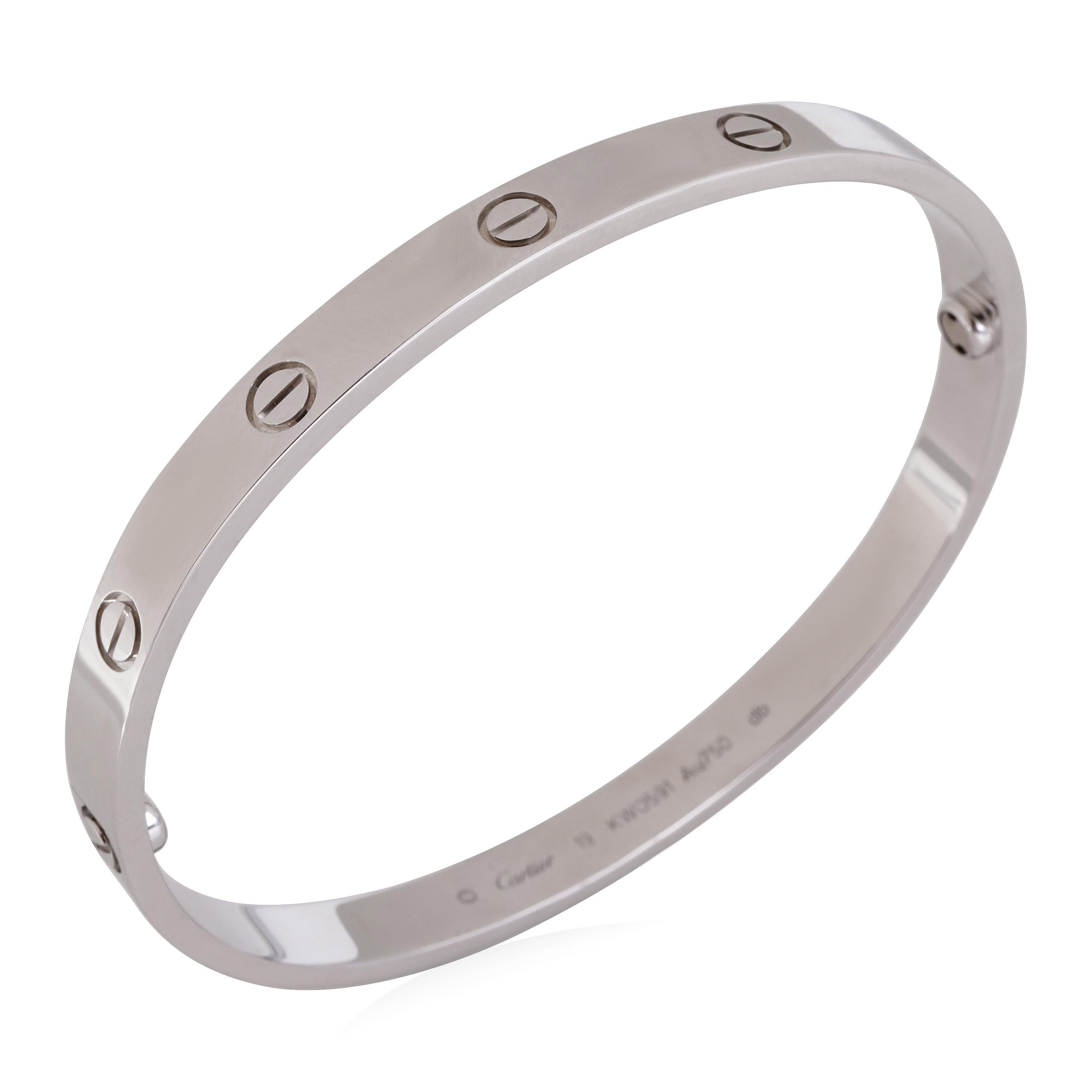 Cartier Love Bracelet in 18k White Gold (Size 19)

PRIMARY DETAILS
SKU: 119819
Listing Title: Cartier Love Bracelet in 18k White Gold (Size 19)
Condition Description: Retails for 7400 USD. In excellent condition and recently polished. Size 19. Comes