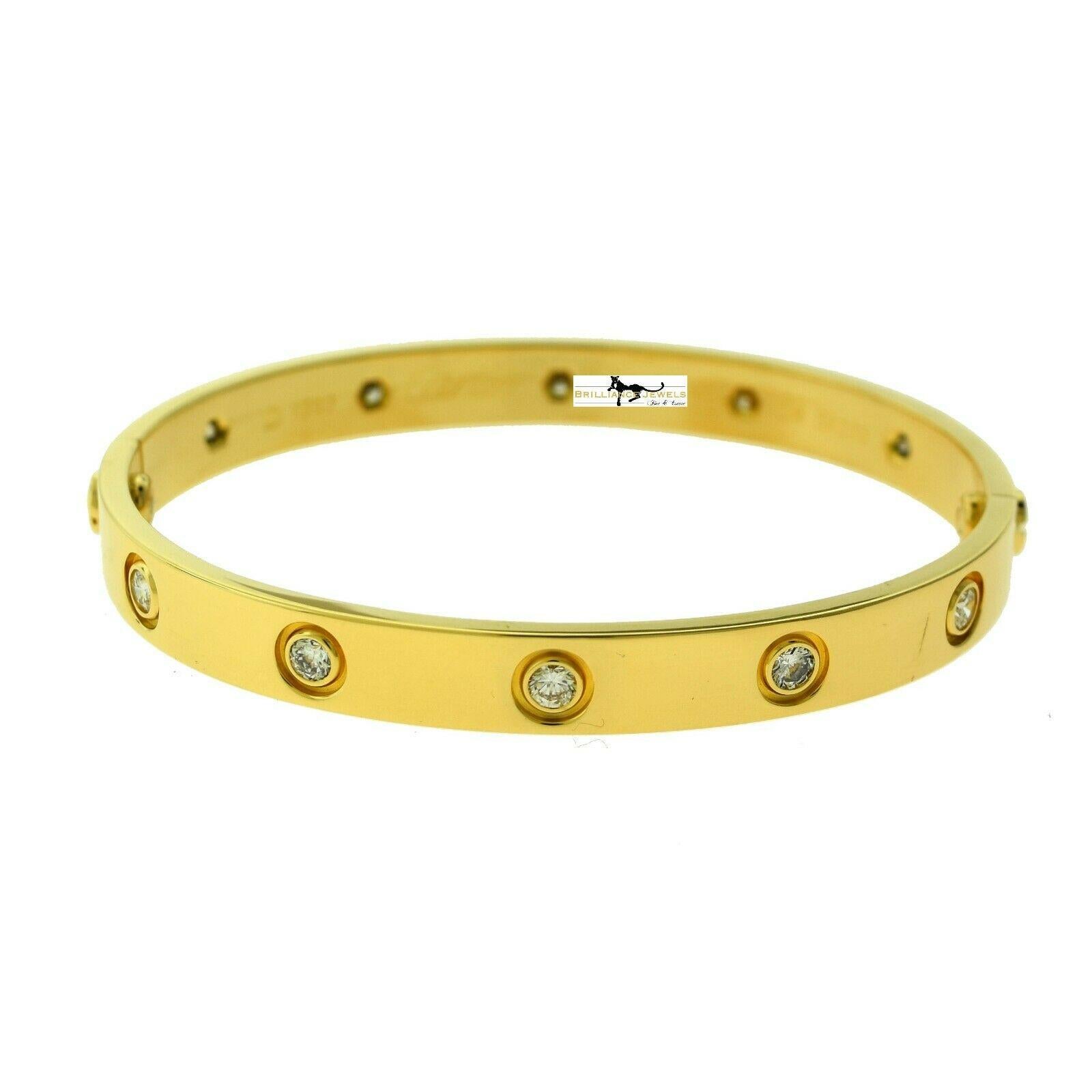 Designer: Cartier

Collection: Love

Style: Bangle Bracelet

Metal: Yellow Gold

Metal Purity: 18k

Bracelet Size: 16 = 16 cm

Stones: 10 Round Brilliant Cut Diamonds

Hallmarks: 16, Au750 Cartier, Serial No.,

Screw System: 