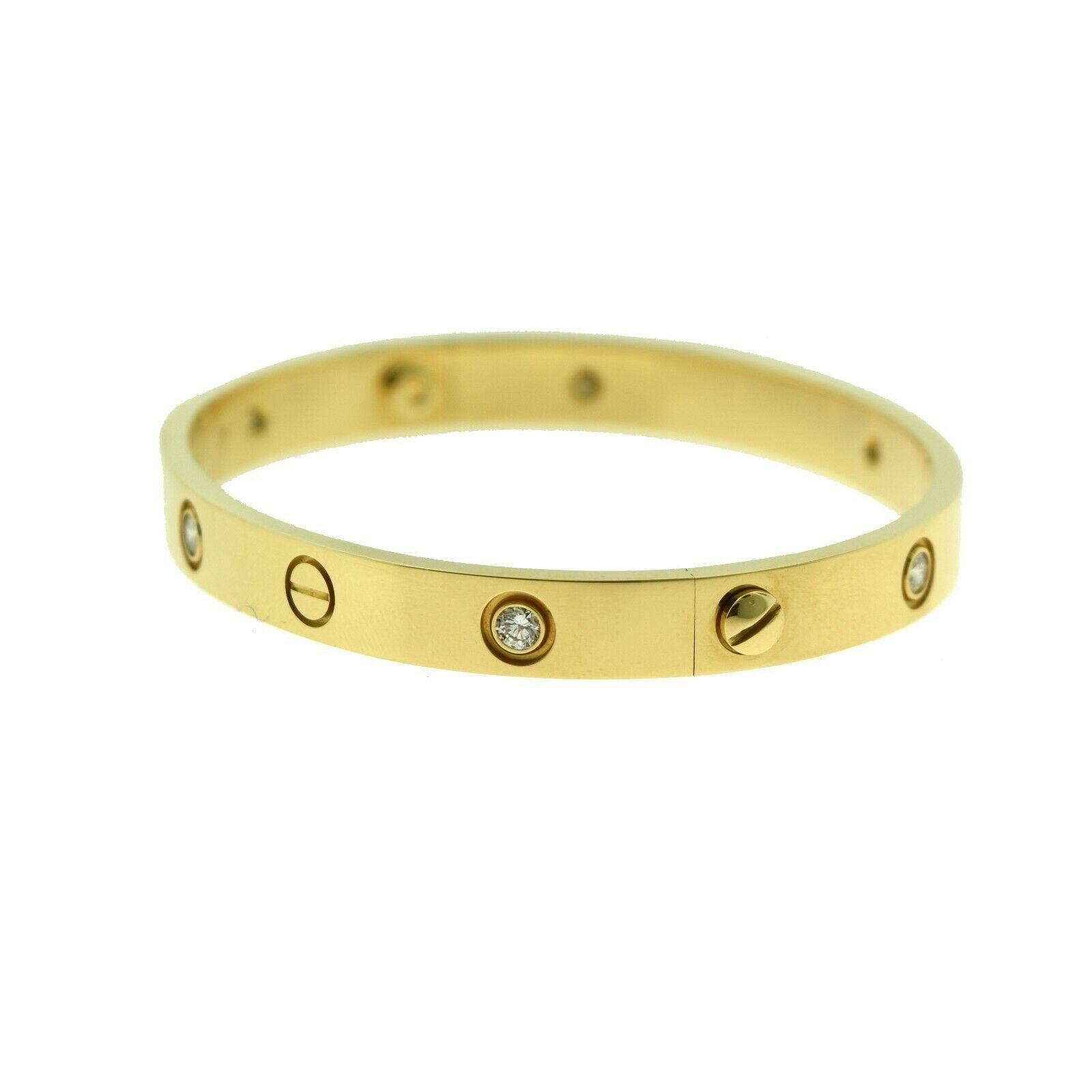 Designer: Cartier

Collection: Love

Style: Bangle Bracelet

Metal: Yellow Gold

Metal Purity: 18k

Bracelet Size: 17 = 17 cm

Stones: 6 Round Brilliant Cut Diamonds

Hallmarks: 17, Au750 Cartier, Serial No., 

Screw System: 