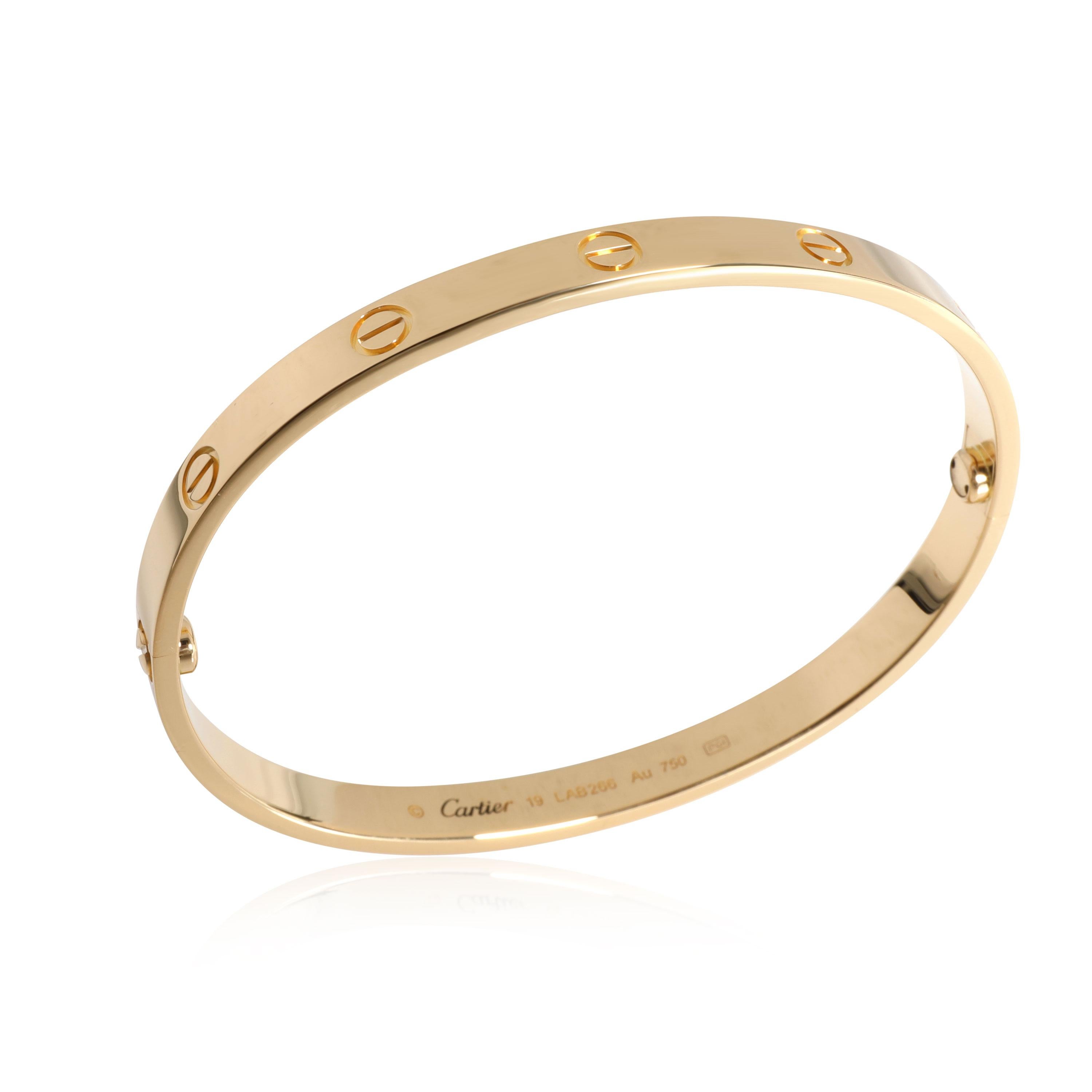 Cartier Love Bracelet in 18k Yellow Gold

PRIMARY DETAILS
SKU: 113344
Listing Title: Cartier Love Bracelet in 18k Yellow Gold
Condition Description: Retails for 6,900 USD. In excellent condition and recently polished. Bracelet size is 19. Comes with