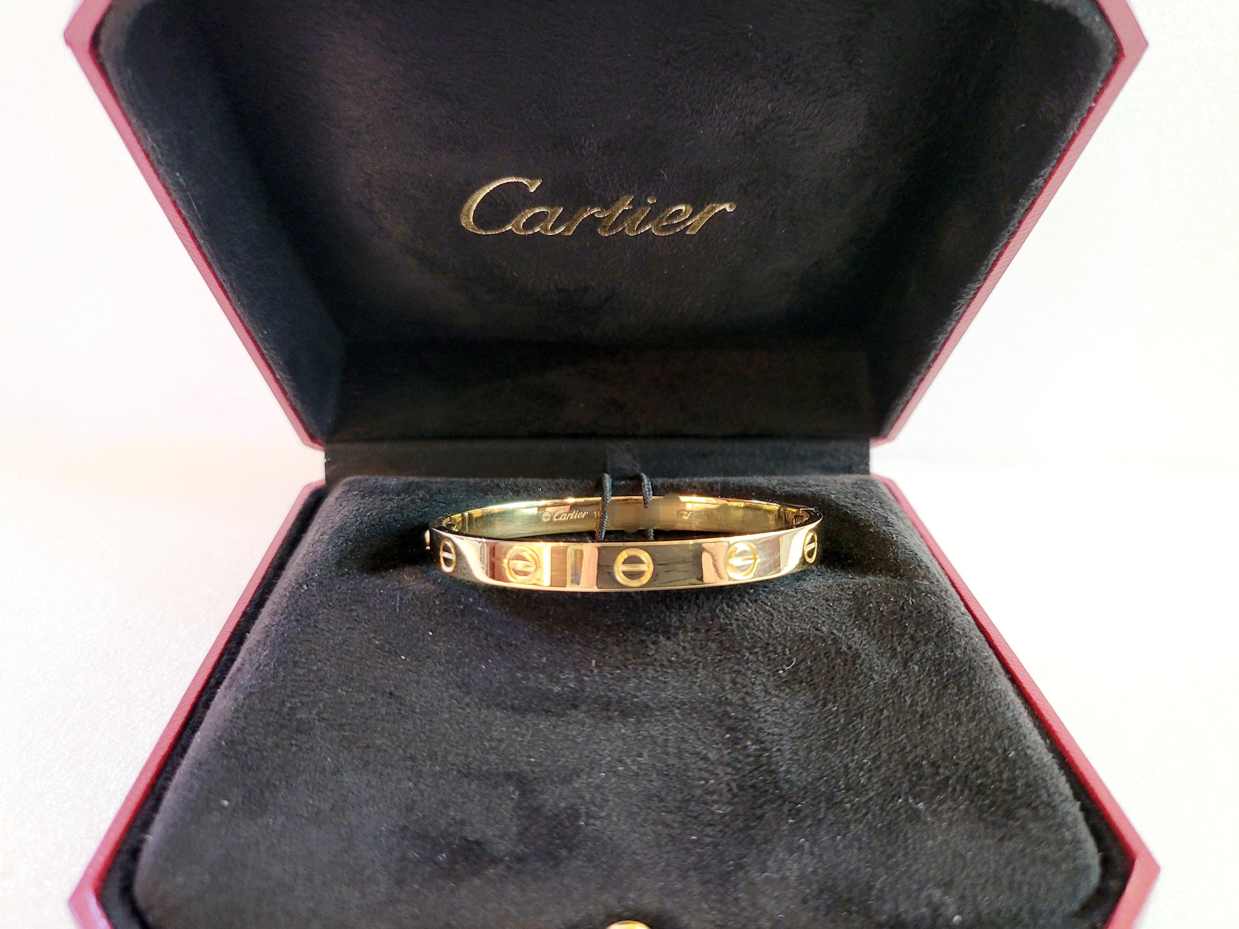 Brand Cartier 
Material 18K Yellow Gold 
Type Love Bracelet 
Bracelet Size 16
Bracelet width 6.1 mm
Bracelet Weight 29gr
Mint Condition, like new
Comes with Screwdriver 
Included Box no Paper 
Retail Price $7,350
Occasion: Anniversary, Birthday,