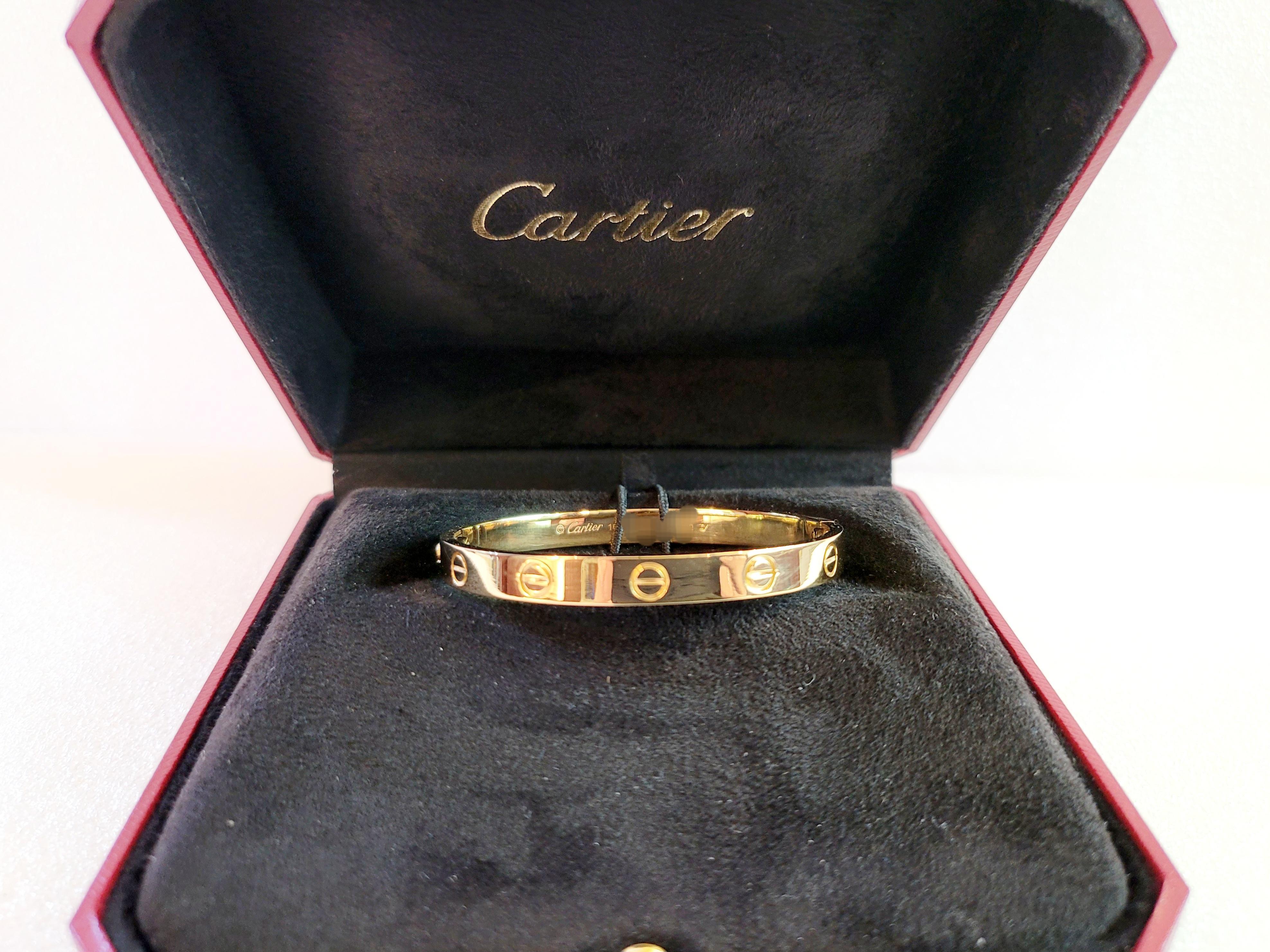 Brand: Cartier 
Material: 18K Yellow Gold 
Type: Love Bracelet 
Bracelet Size: 16
Bracelet Width: 6.1 mm
Bracelet Weight: 29 gr
Mint Condition, Like-New

Comes with Screwdriver 
Includes Box, No Papers 

Retail Price $7,350

Occasion: Anniversary,