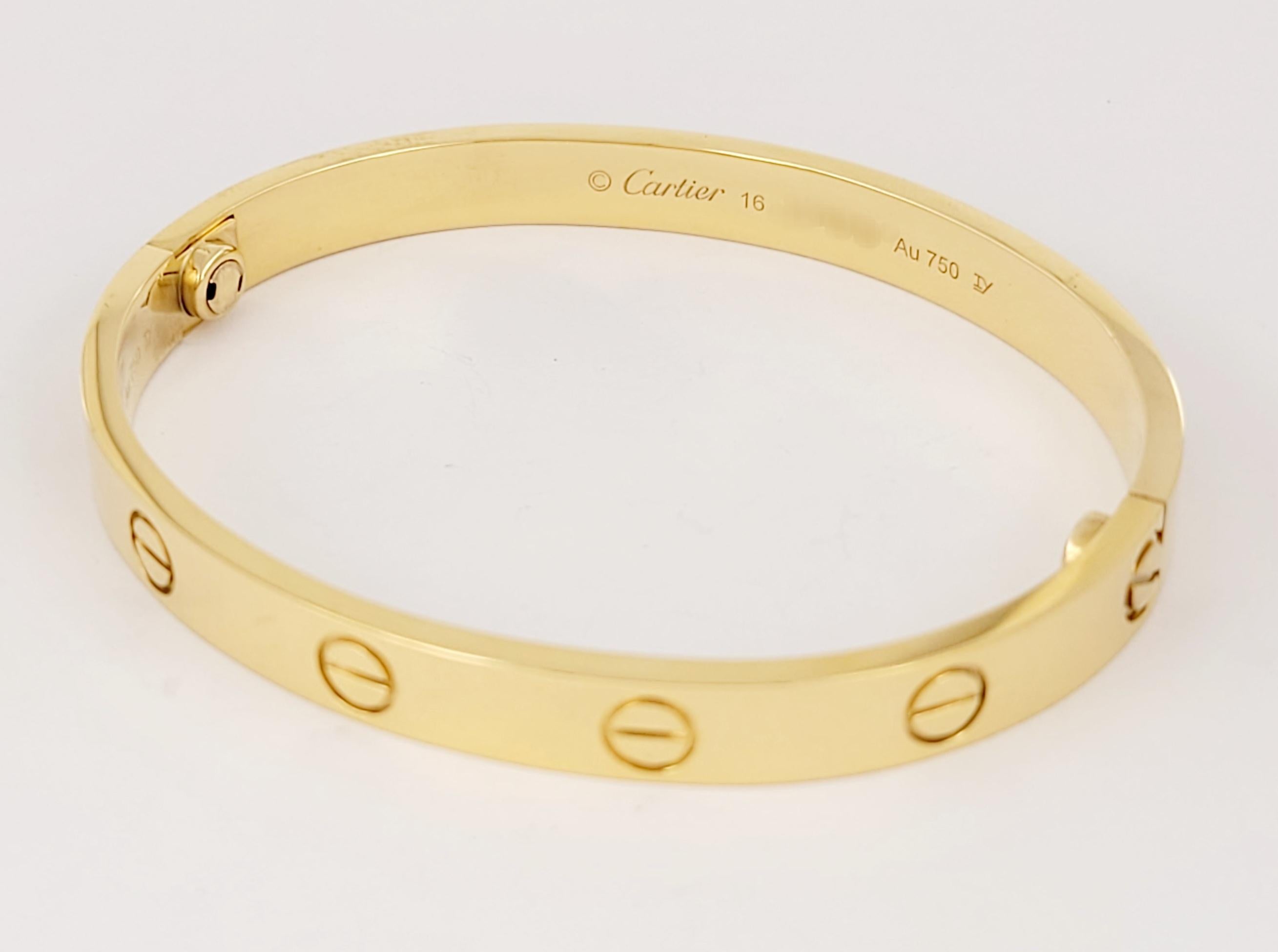 Women's Cartier Love bracelet in 18K Yellow Gold Size 16 For Sale
