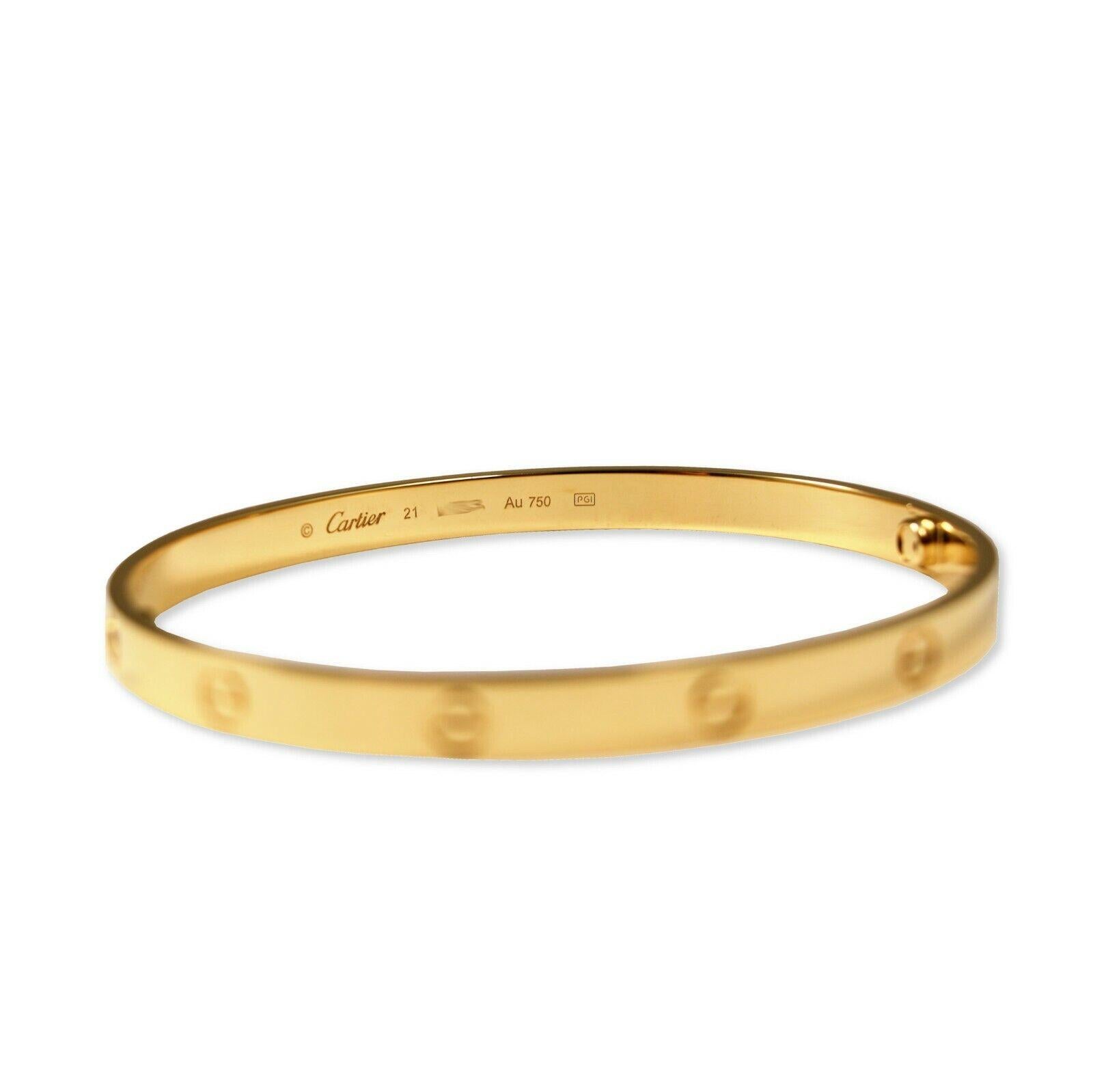 Designer: Cartier

Collection: Love

Style: Bracelet 

Metal: Yellow Gold

Metal Purity: 18k​​​​​​​

Bracelet Size: 17 = 17cm 

Signature: Cartier

Hallmarks: Cartier; 17; Serial

Includes:  24  Months Brilliance Jewels Warranty

 Cartier Box

