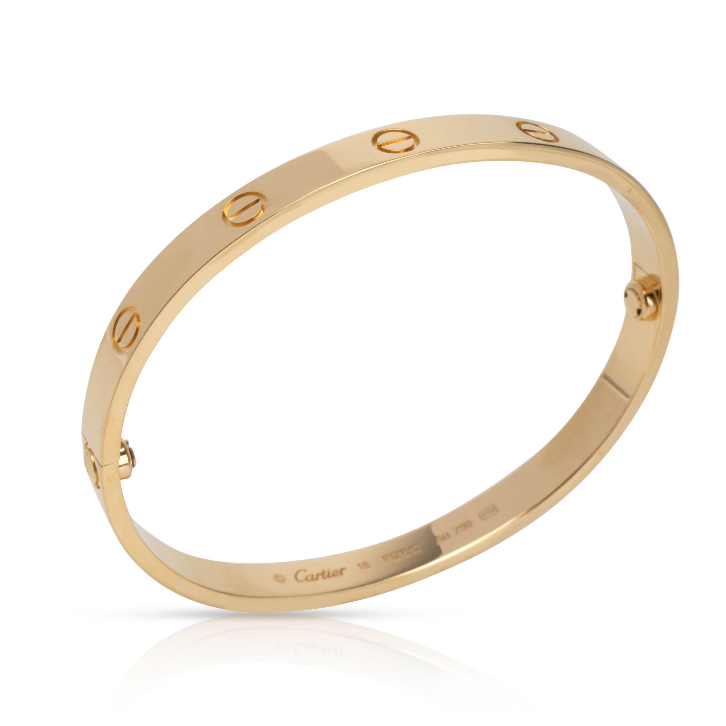 Cartier Love Bracelet in 18K Yellow Gold Size 18

PRIMARY DETAILS

SKU: 105477

Condition Description: Retails for 6,300 USD. In excellent condition and recently polished. Cartier size 18. Comes with the original box and papers.

Brand: