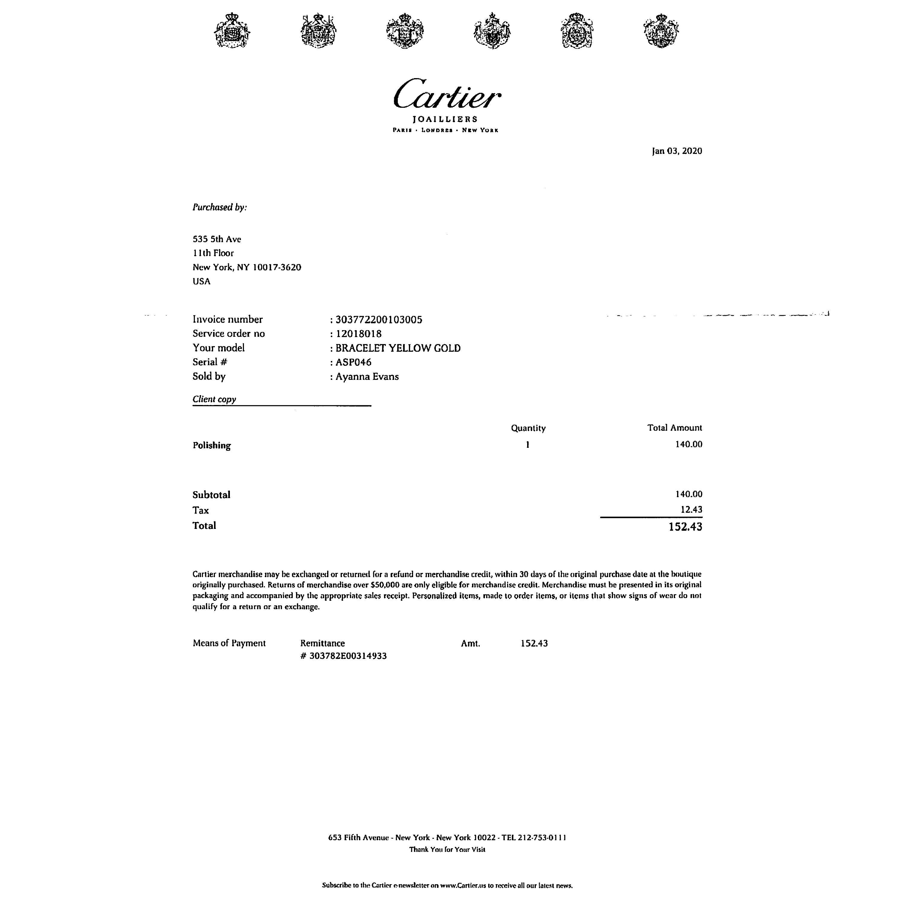 cartier love bracelet receipt