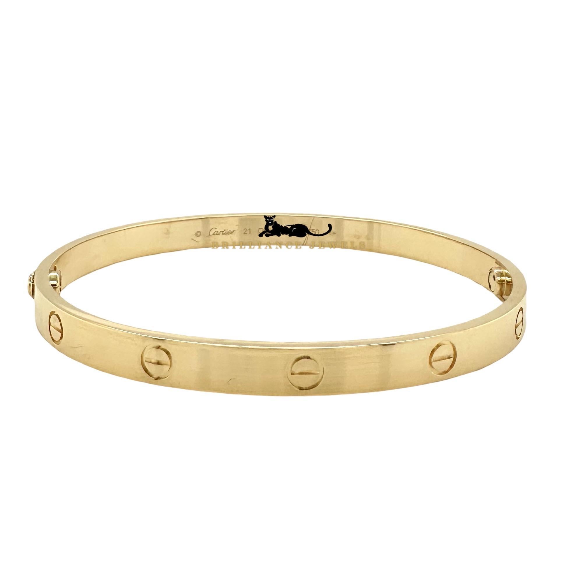 Brand: Cartier
Model Name: Love
Style: Classic
Material: 18k yellow gold
Size: 21 cm
Box/Papers: Cartier Box, Screwdriver, No original Papers
Condition: 3. Light wear, excellent overall condition