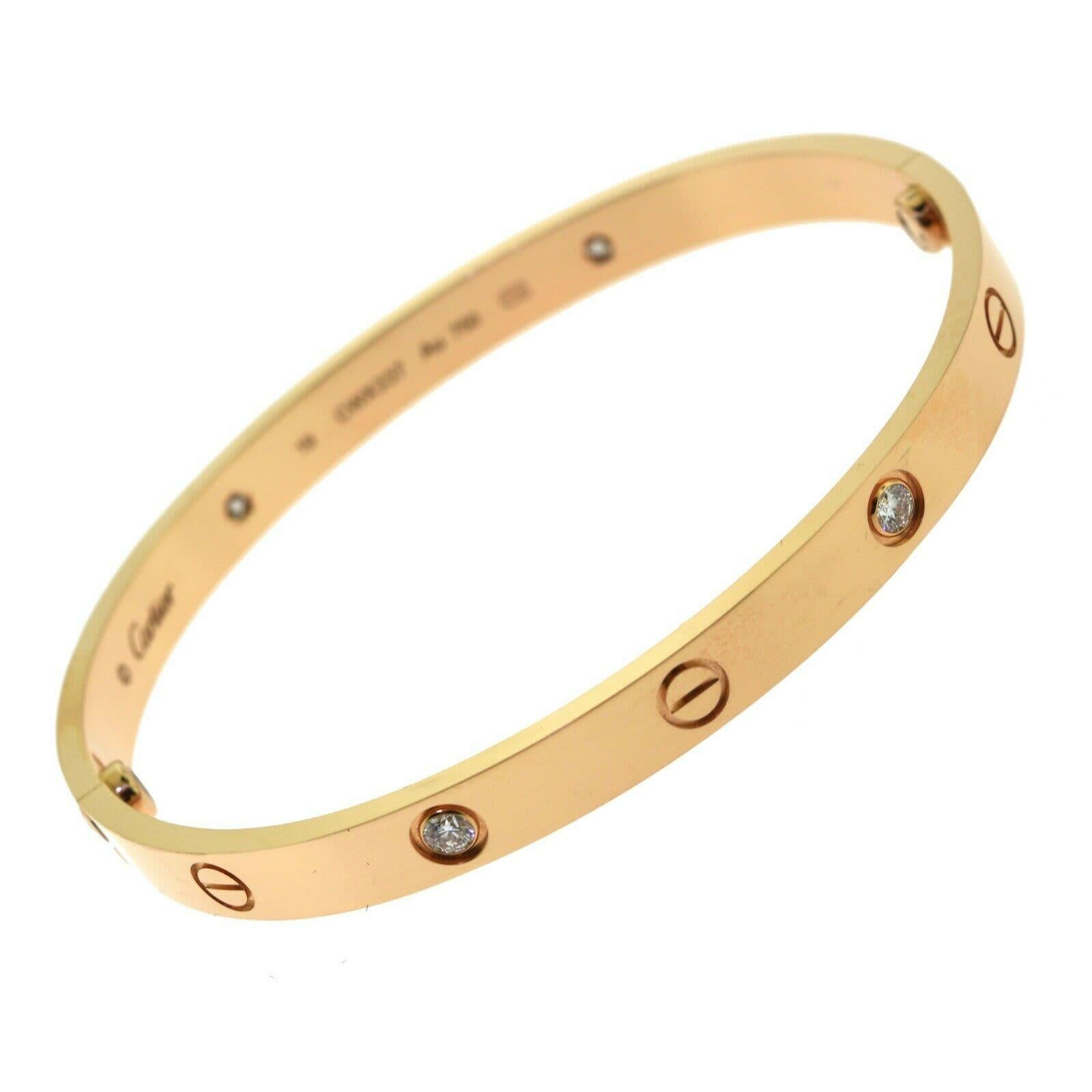Designer: Cartier

Collection: LOVE

Style: Bracelet 

Metal: Rose  Gold

Metal Purity: 18k

Stones: 4 Round Brilliant CUt Diamonds 

Bracelet Size: 18 = 18 cm

Screw System: New Screw System (screws stay on)

​​​​​​​Includes:  24 Months Brilliance