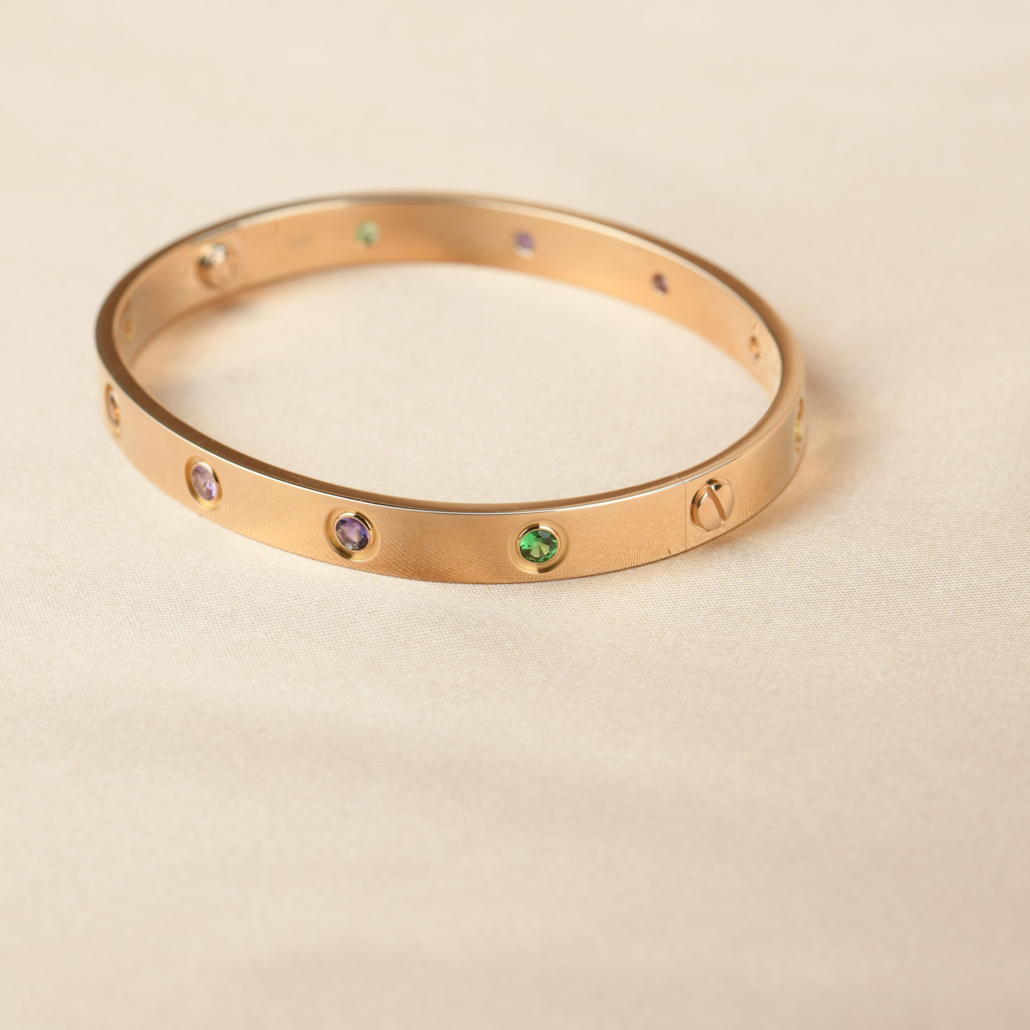 Brilliant Cut Cartier Love Bracelet Multi Gem Rainbow Rose Gold Size 17