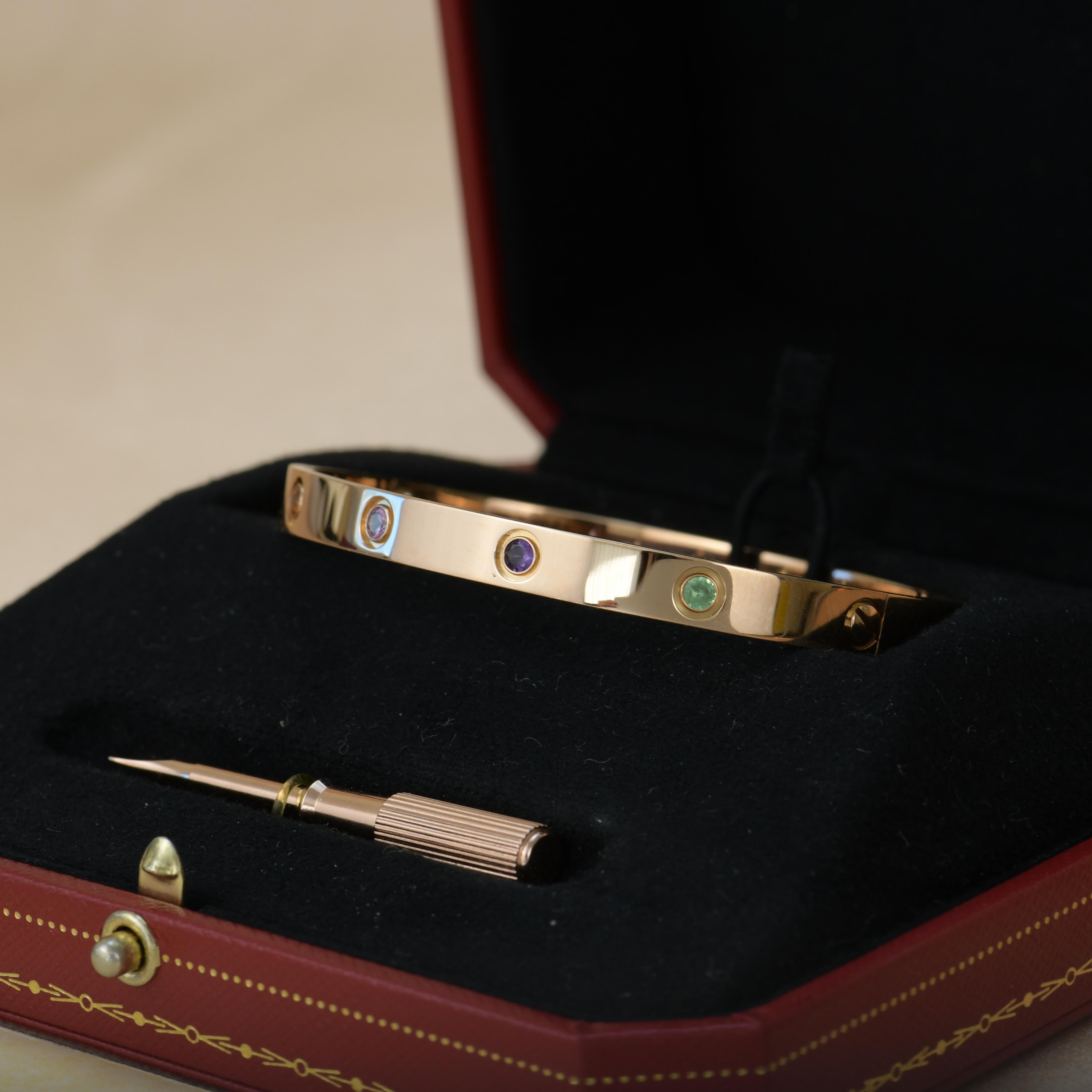Cartier Love Bracelet Multi Gem Rainbow Rose Gold In Excellent Condition In Banbury, GB