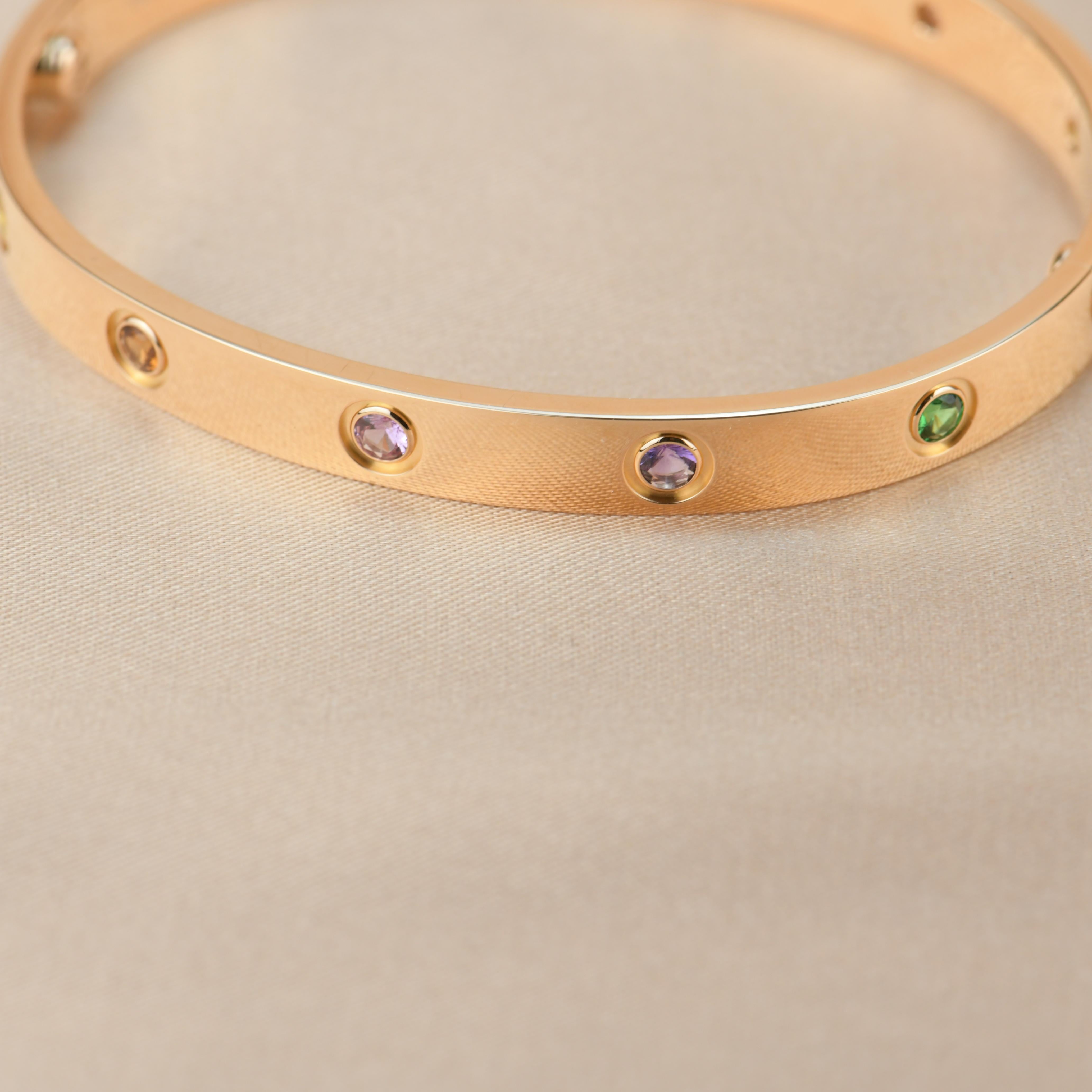 Cartier Love Bracelet Multi Gem Rainbow Rose Gold Size 17 In Excellent Condition In Banbury, GB