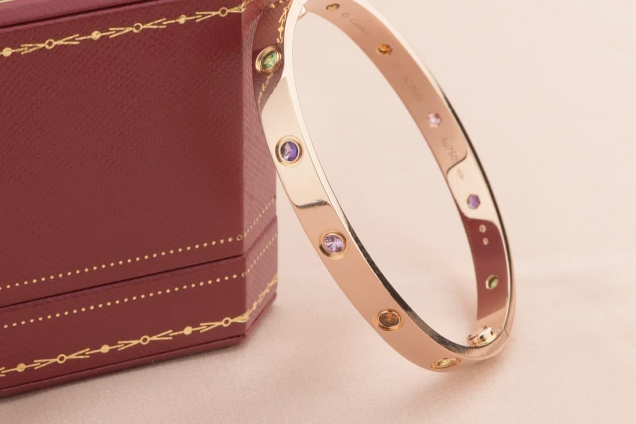 Cartier Love Bracelet Multi Gem Rainbow Rose Gold In Excellent Condition In Banbury, GB