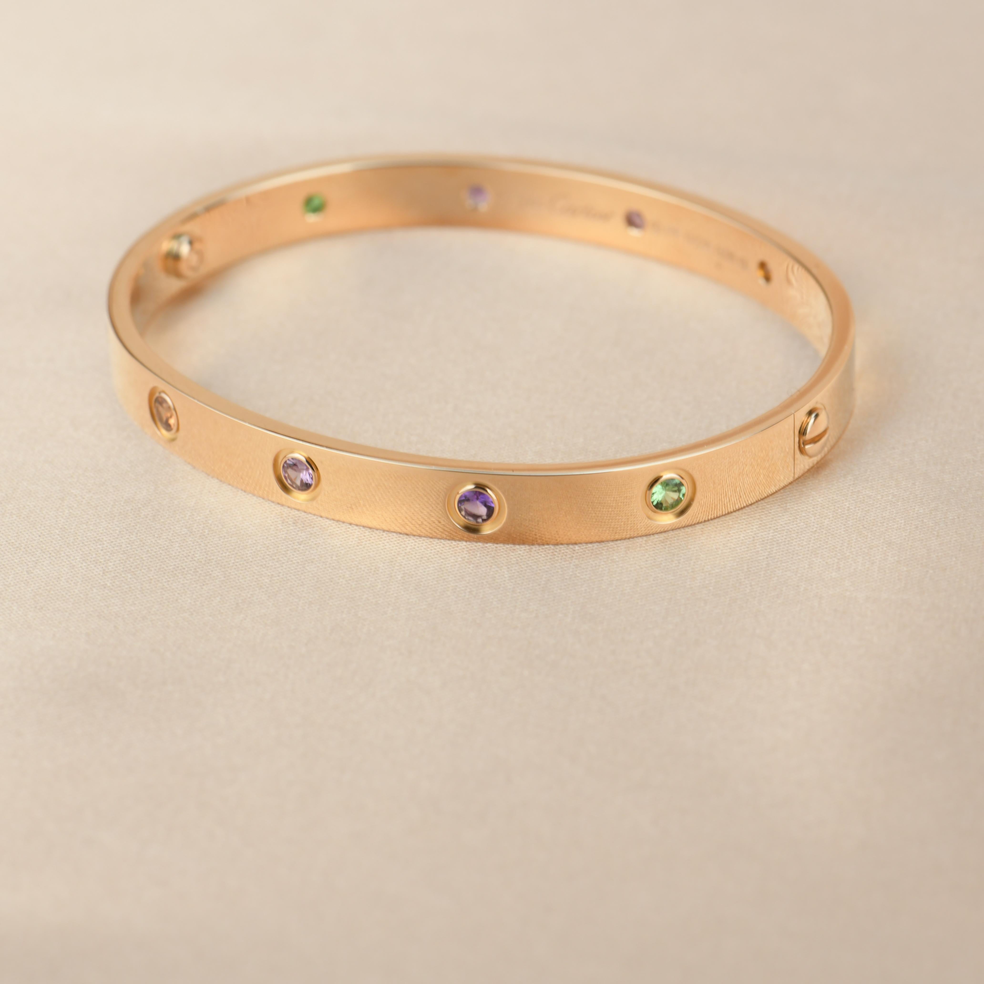 Women's or Men's Cartier Love Bracelet Multi Gem Rainbow Rose Gold Size 17