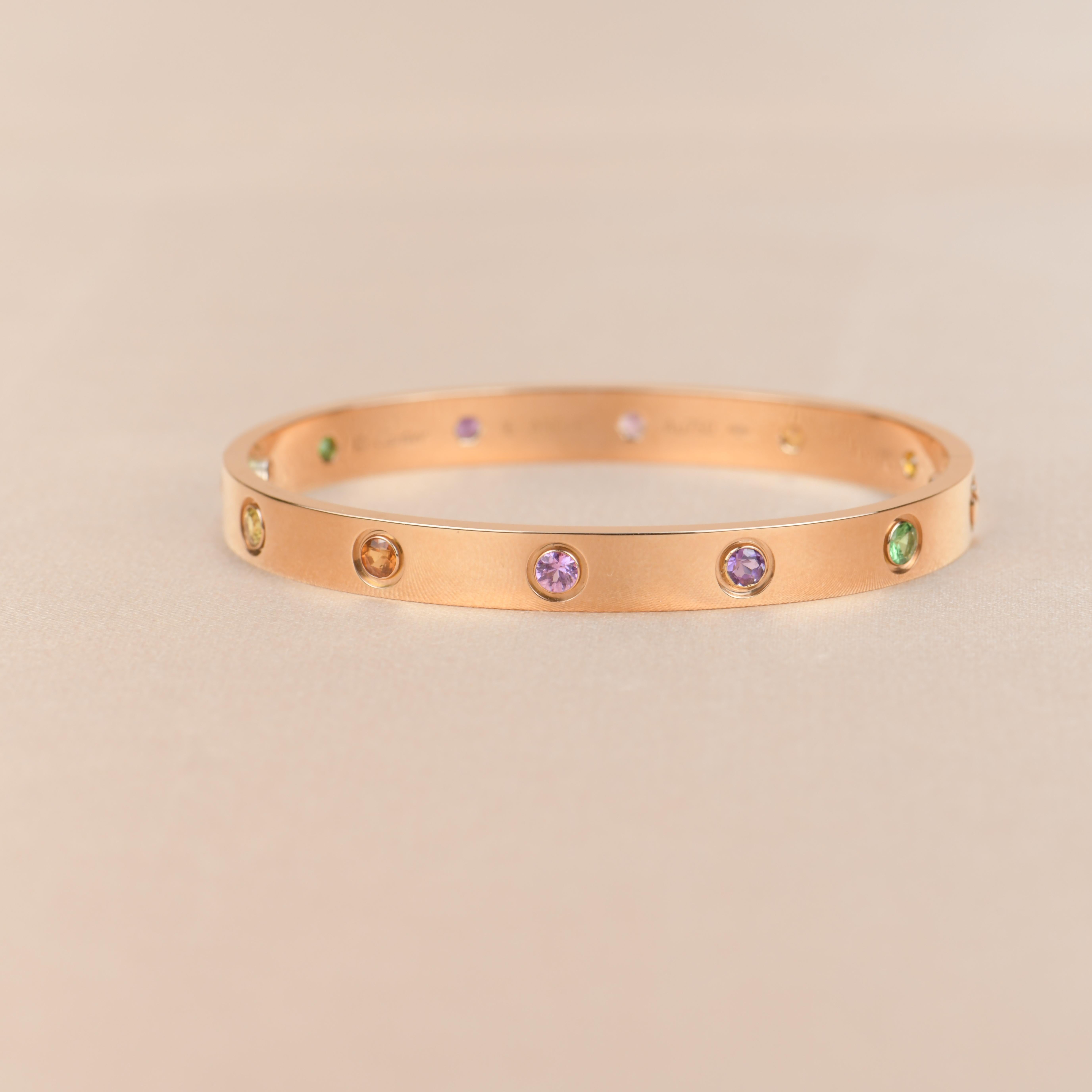 Women's or Men's Cartier Love Bracelet Multi Gem Rainbow Rose Gold Size 16