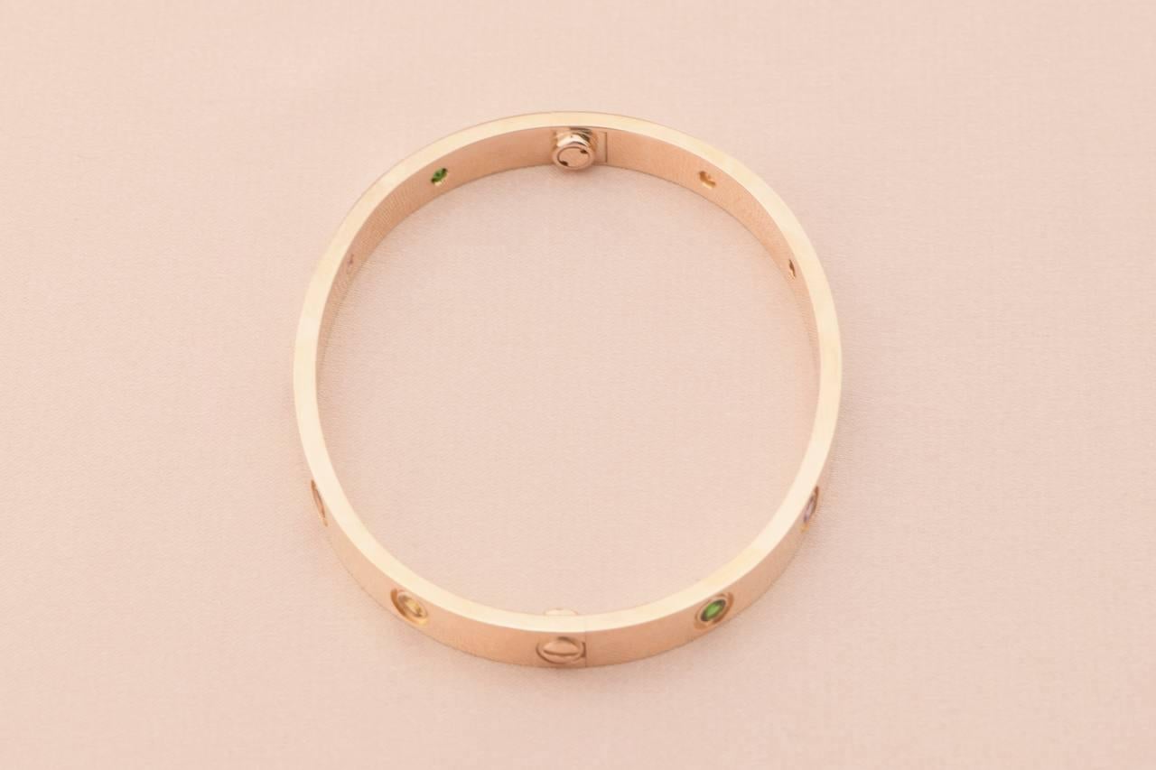 Brilliant Cut Cartier Love Bracelet Multi Gem Rainbow Rose Gold Size 16