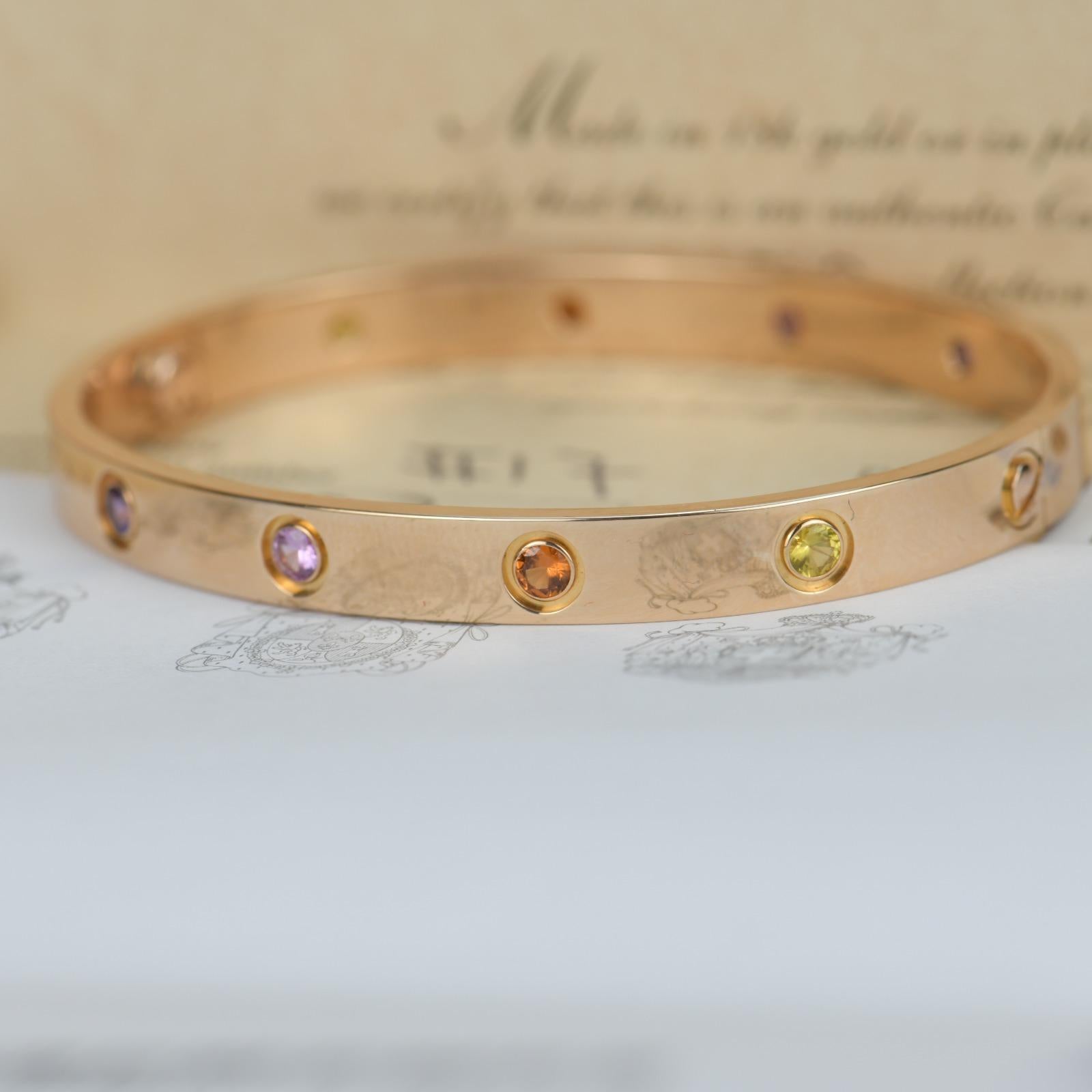 Cartier Love Bracelet Multi Gem Rainbow Rose Gold Size 17 6