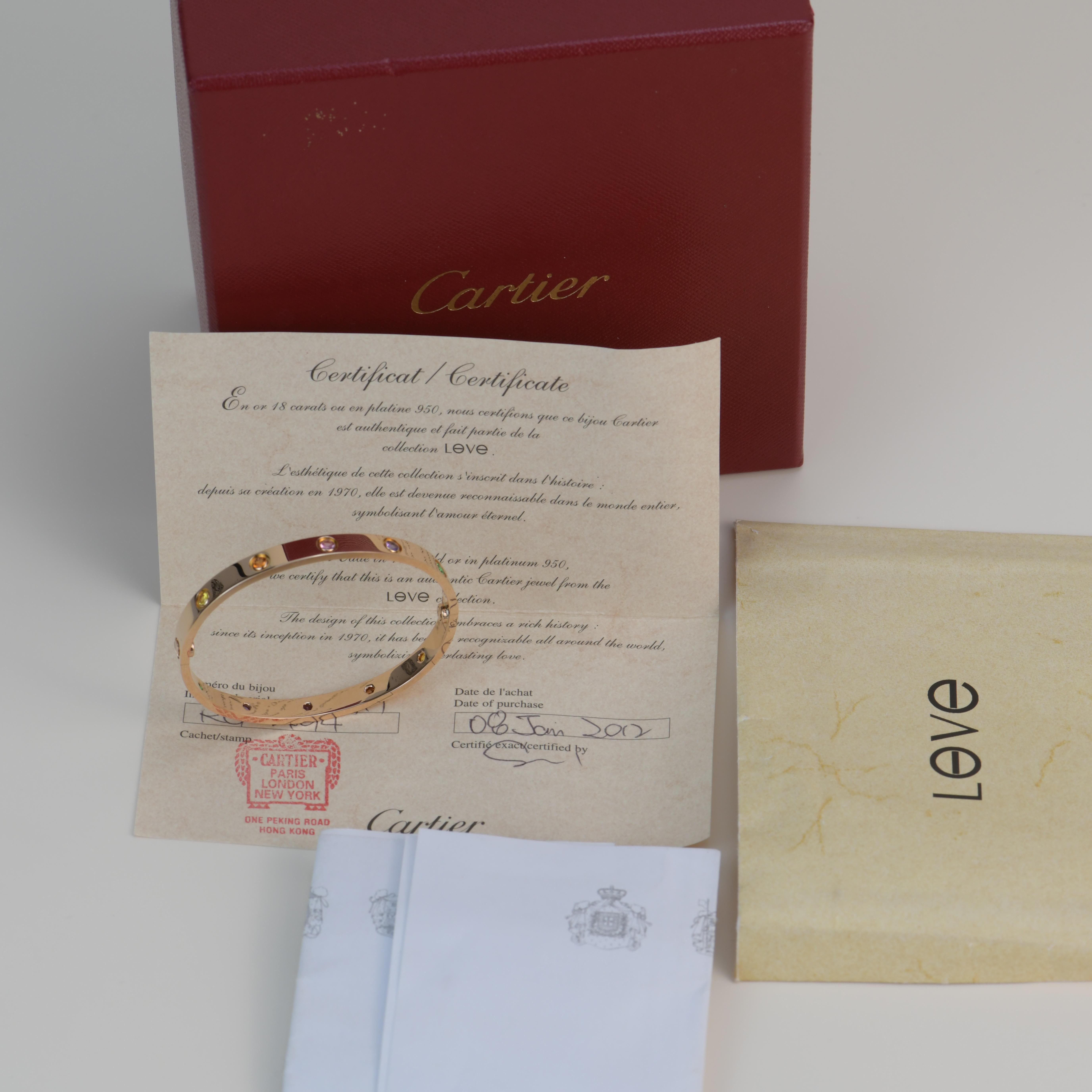 LOVE bracelet, 18K rose gold, set with 2 pink sapphires, 2 yellow sapphires, 2 green garnets, 2 orange garnets, and 2 amethysts. 
_____________________________________________________________
Brand Cartier
Model B6036517
Date Approx. 2012
Serial No.