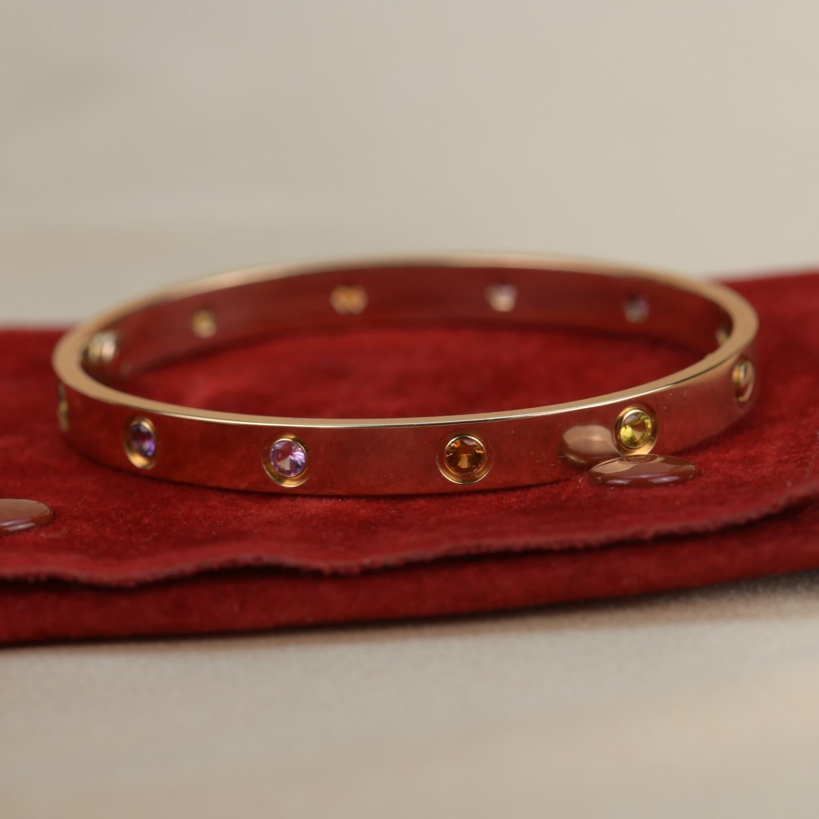 Brilliant Cut Cartier Love Bracelet Multi Gem Rainbow Rose Gold Size 17