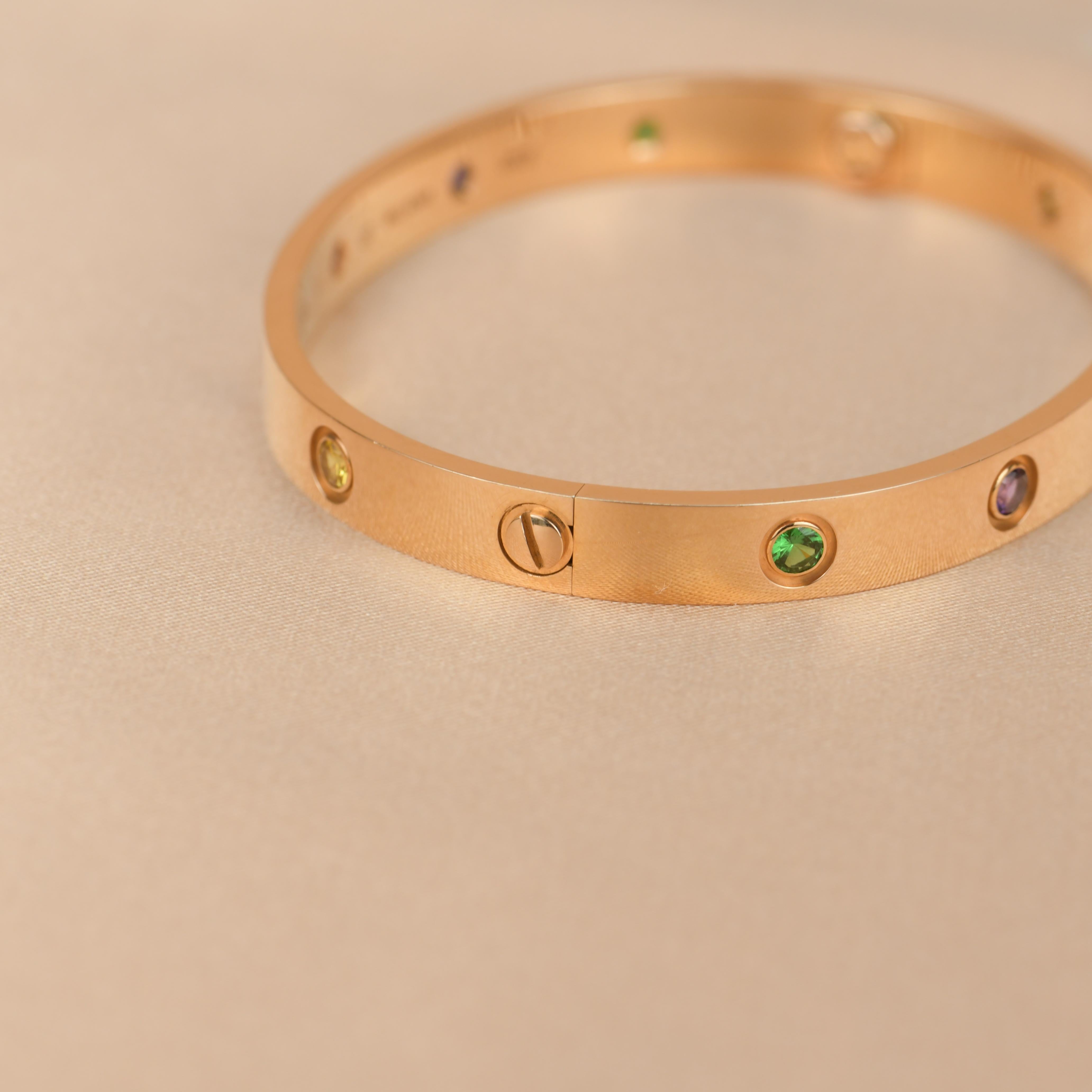 Cartier Love Bracelet Multi Gem Rainbow Rose Gold Size 17 In Excellent Condition In Banbury, GB