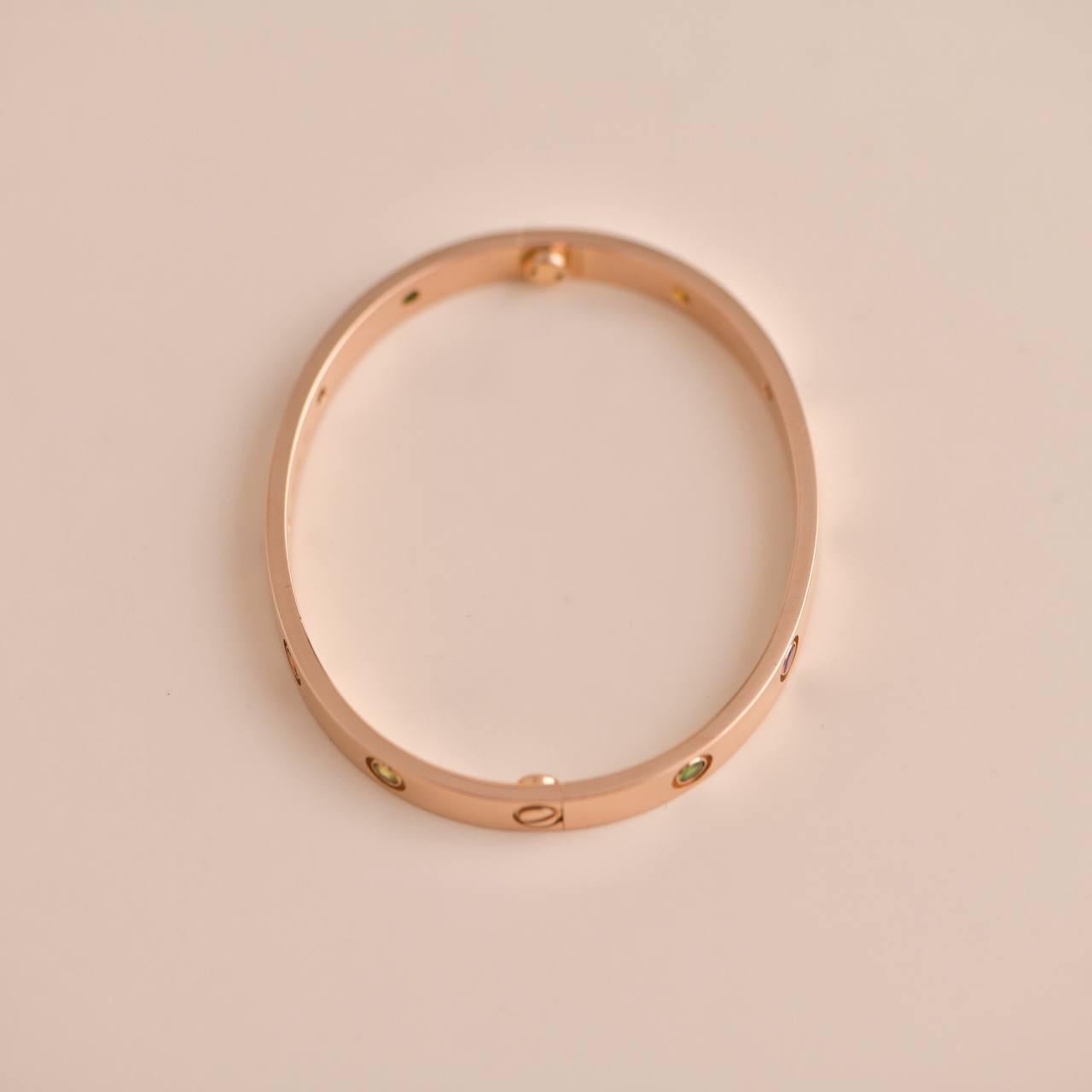 Cartier Love Bracelet Multi Gem Rainbow Rose Gold Size 17 In Excellent Condition In Banbury, GB