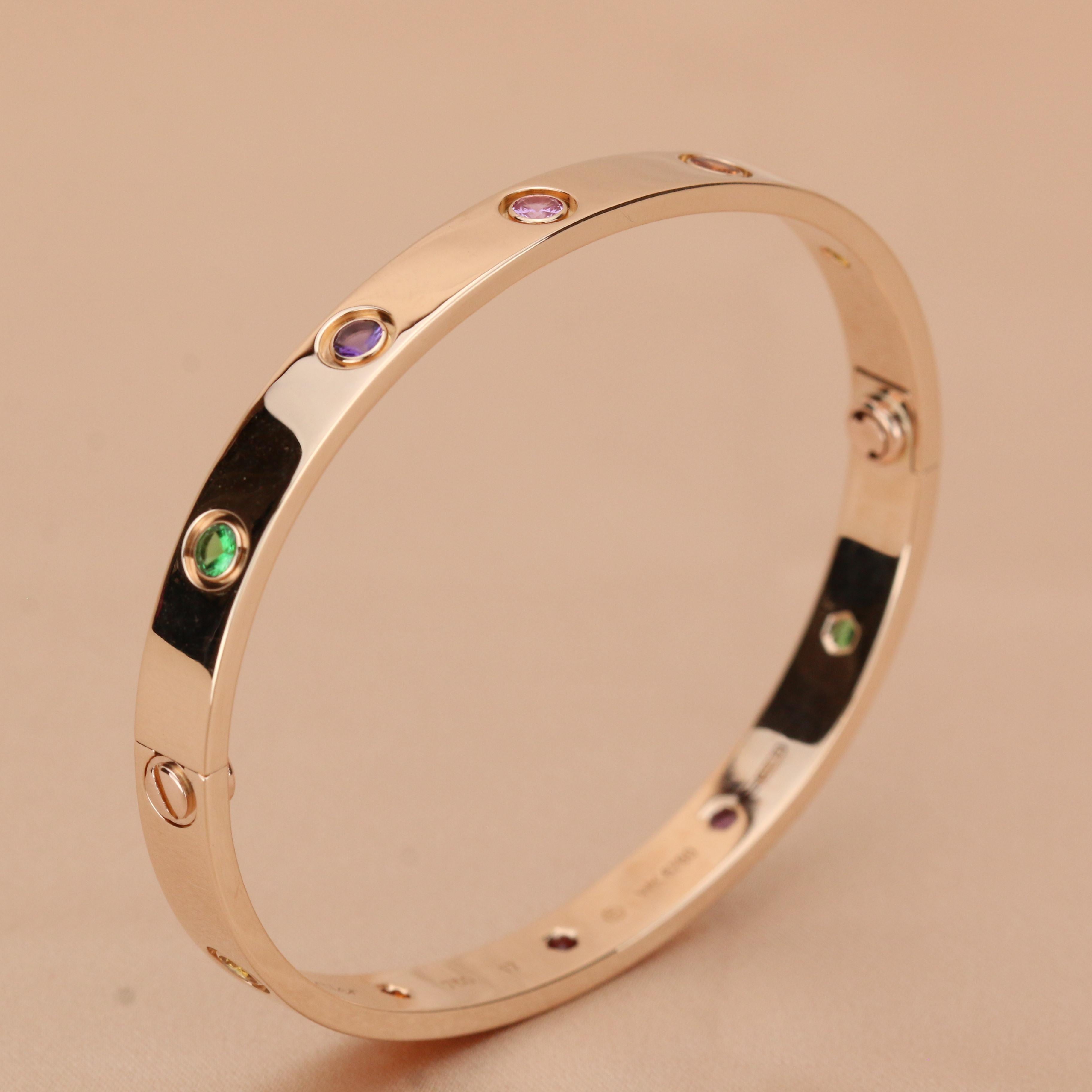 Women's or Men's Cartier Love Bracelet Multi Gem Rainbow Rose Gold Size 17
