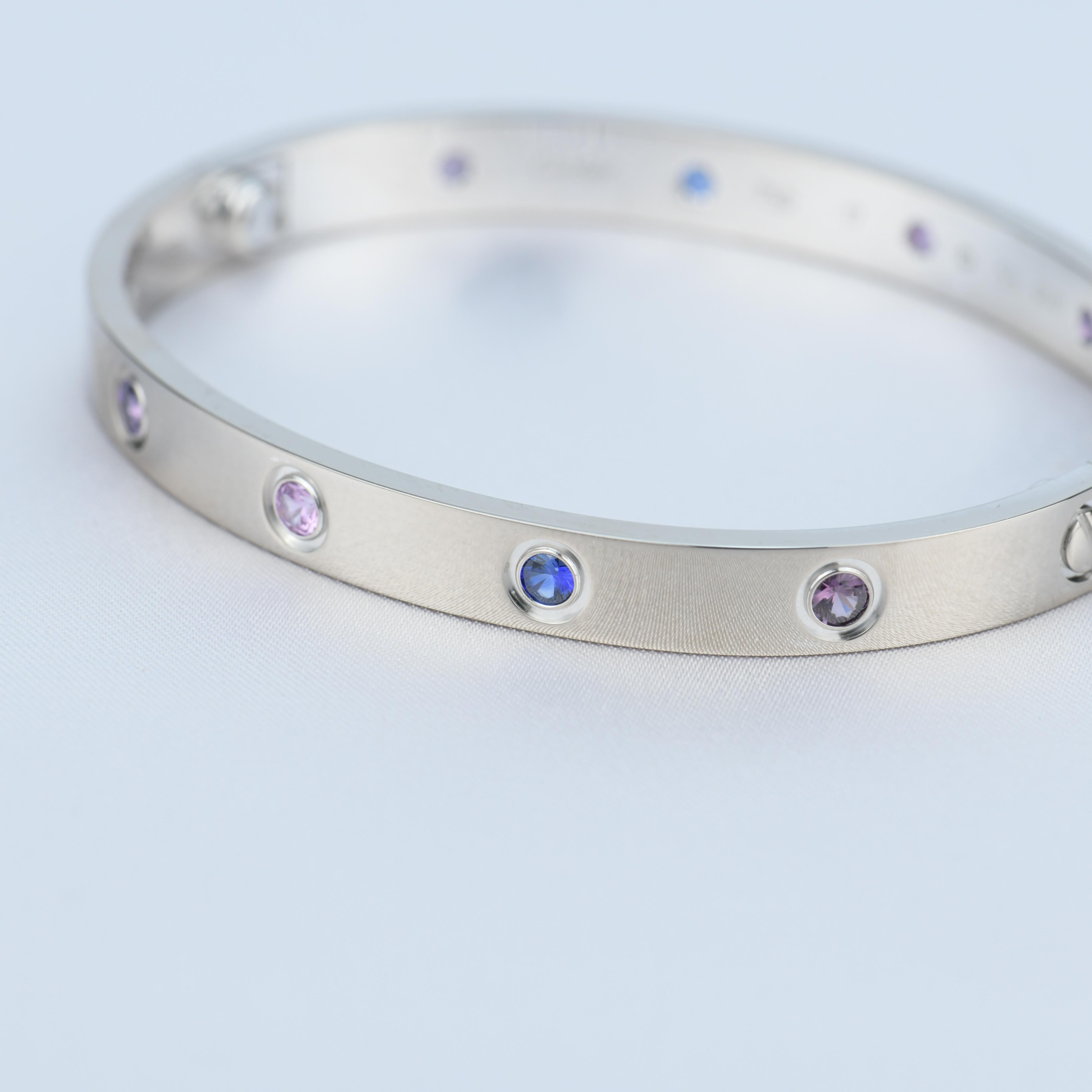 Brilliant Cut Cartier Multi Gem White Gold Love Bracelet Size 16
