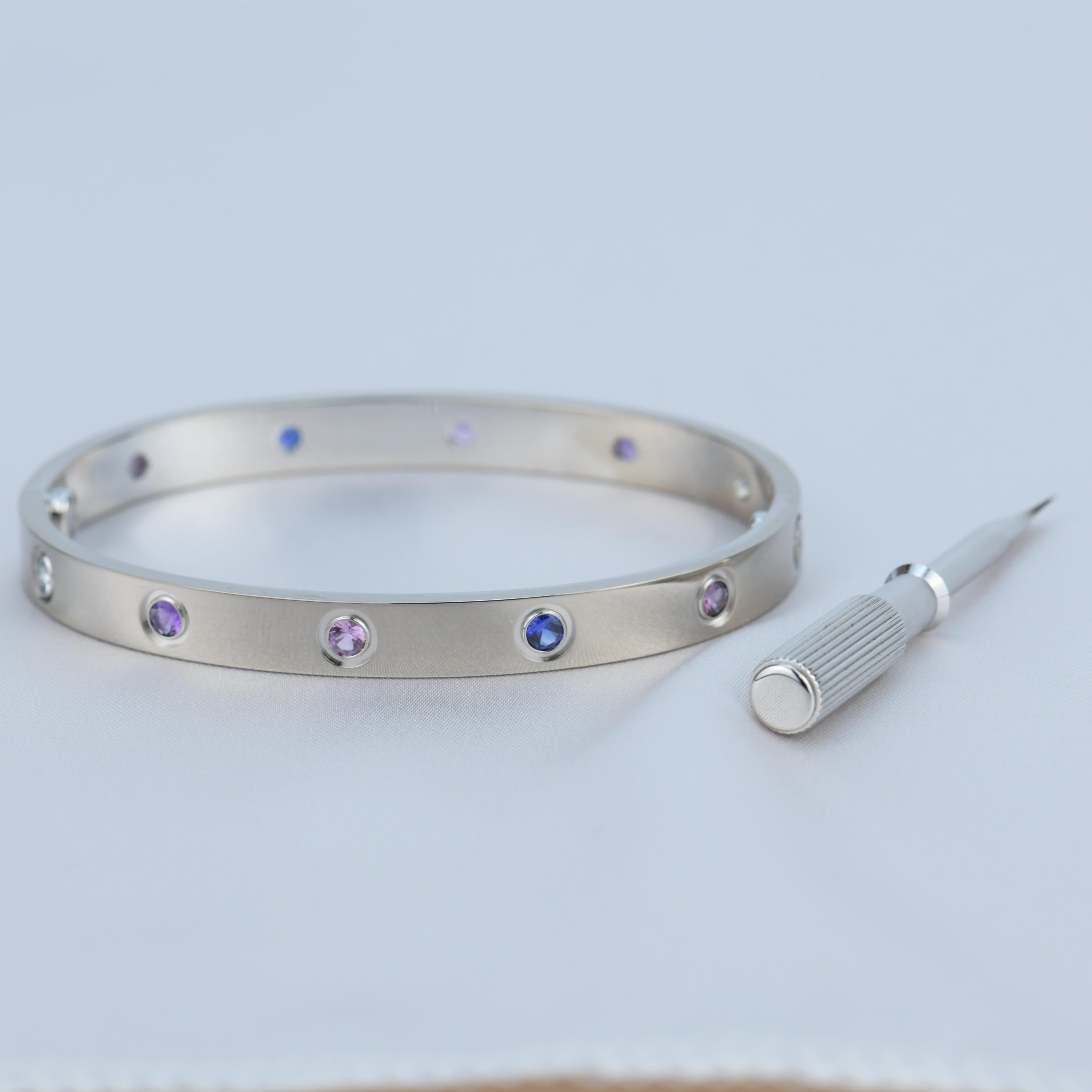 Cartier Multi Gem White Gold Love Bracelet Size 16 In Excellent Condition In Banbury, GB