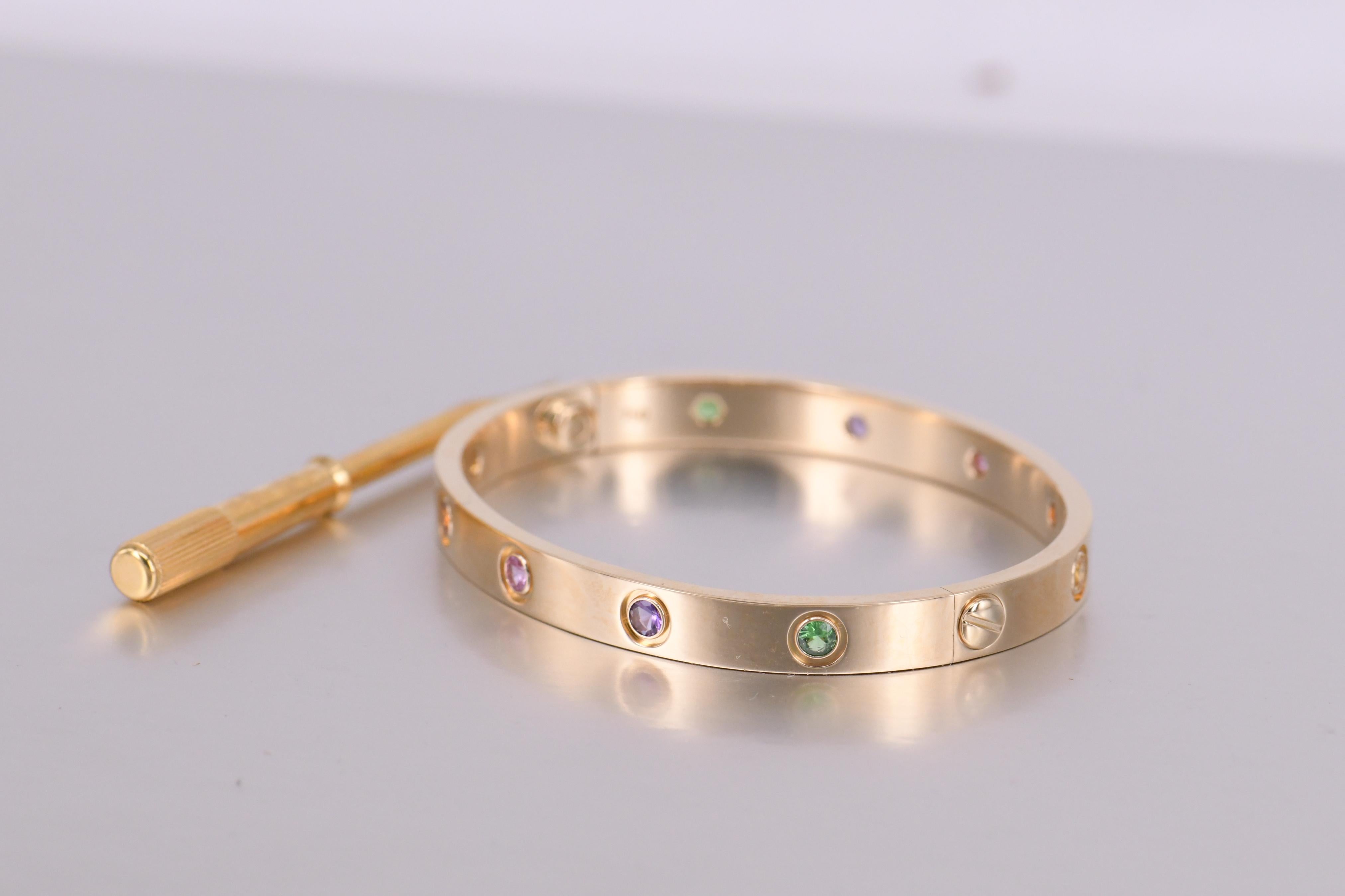 Brilliant Cut Cartier Love Bracelet Set In 10 Multi Gem Yellow Gold Size 16