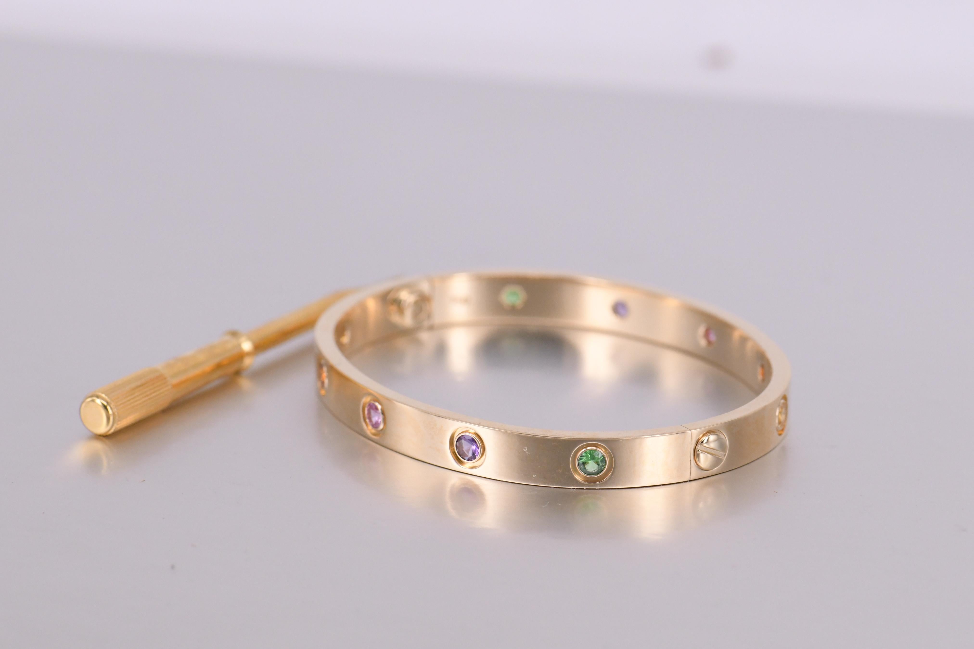 Brilliant Cut Cartier Love Bracelet Set In 10 Multi Gem Yellow Gold Size 16 