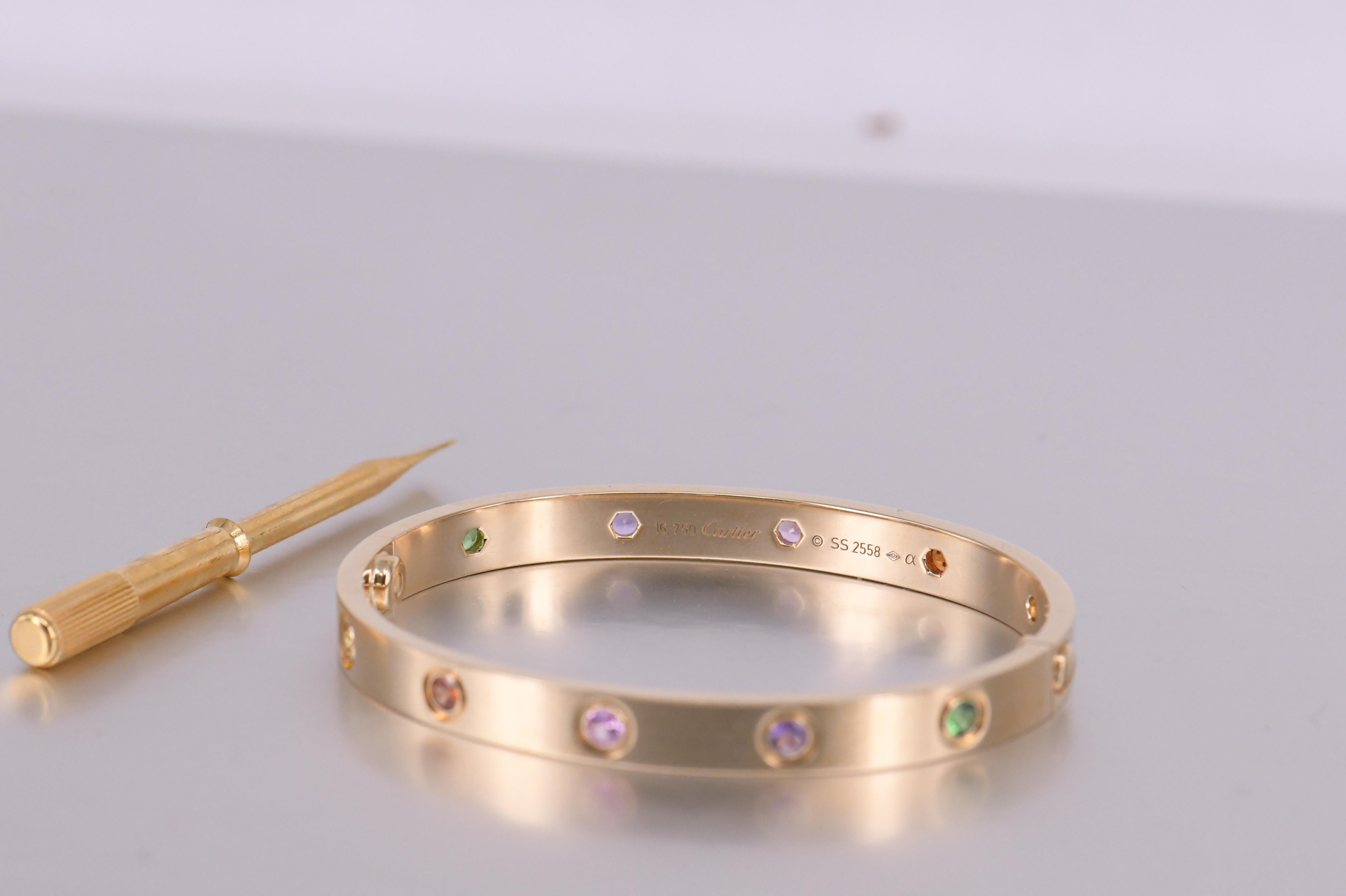 Cartier Love Bracelet Set In 10 Multi Gem Yellow Gold Size 16 In Excellent Condition In Banbury, GB