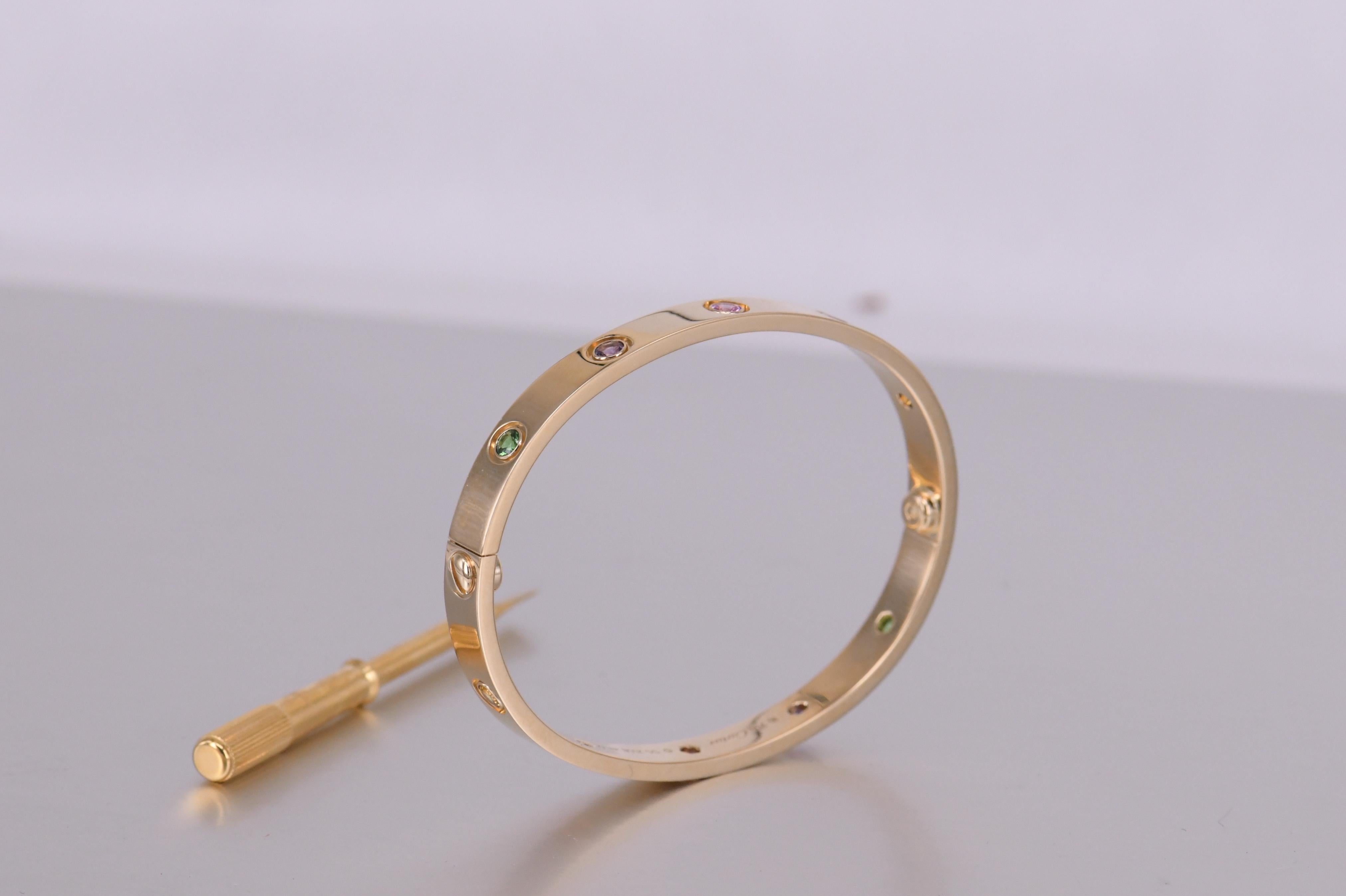Women's or Men's Cartier Love Bracelet Set In 10 Multi Gem Yellow Gold Size 16 