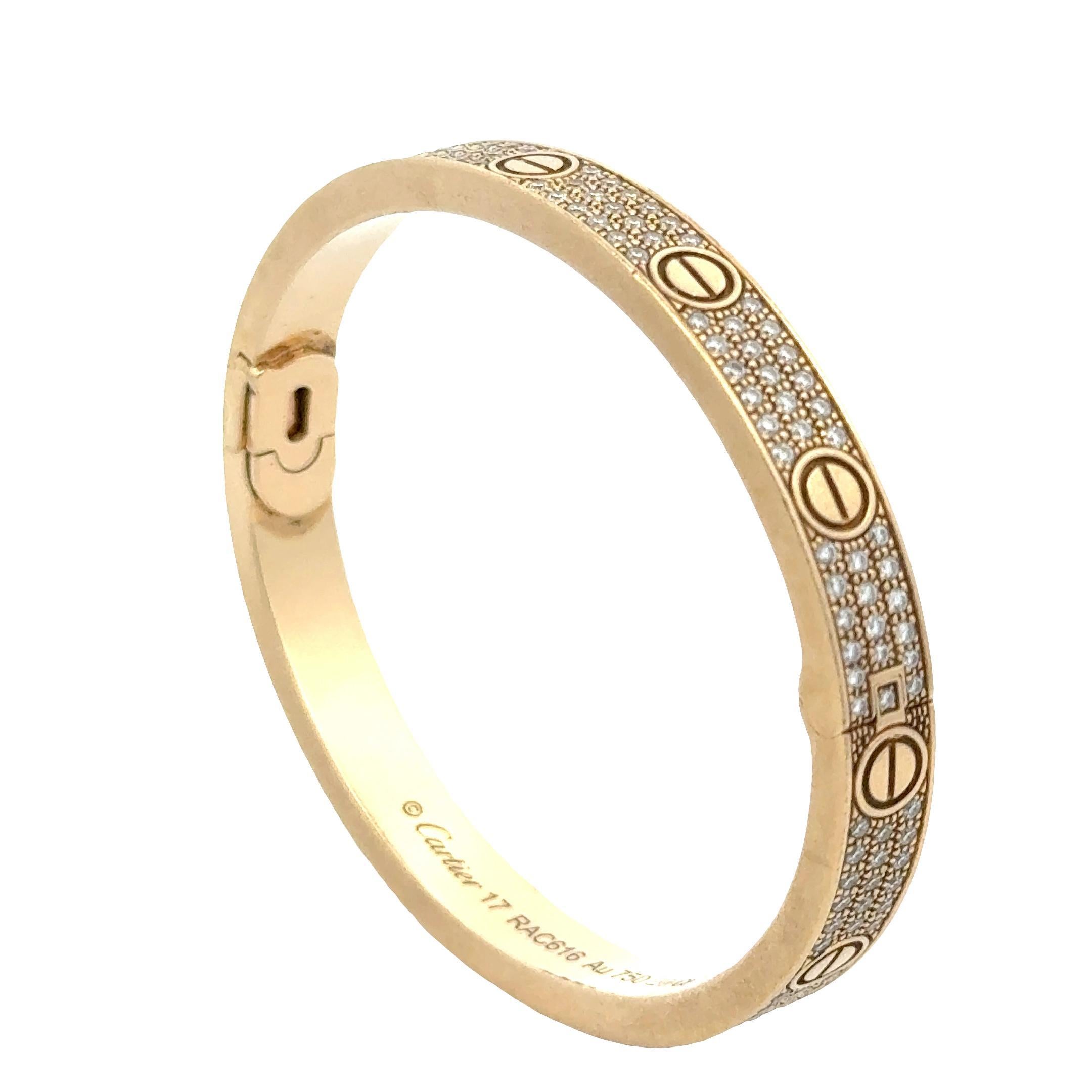 Cartier LOVE Bracelet Pavé Diamond 18 Karat Yellow Gold Size 17 B&P's For Sale 4