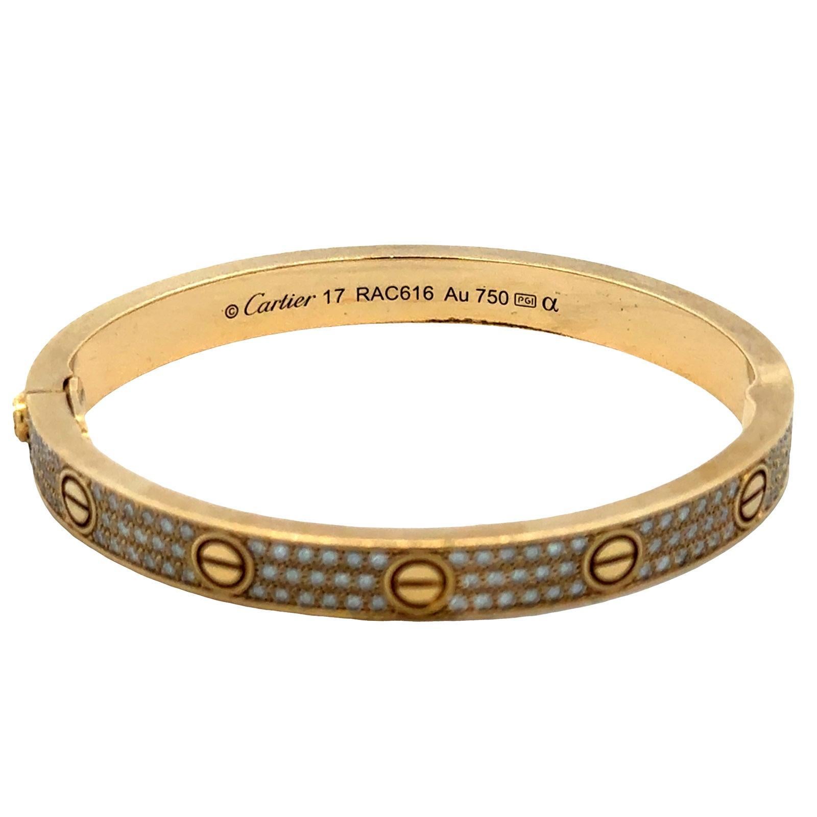 Cartier LOVE Bracelet Pavé Diamond 18 Karat Yellow Gold Size 17 B&P's For Sale 5