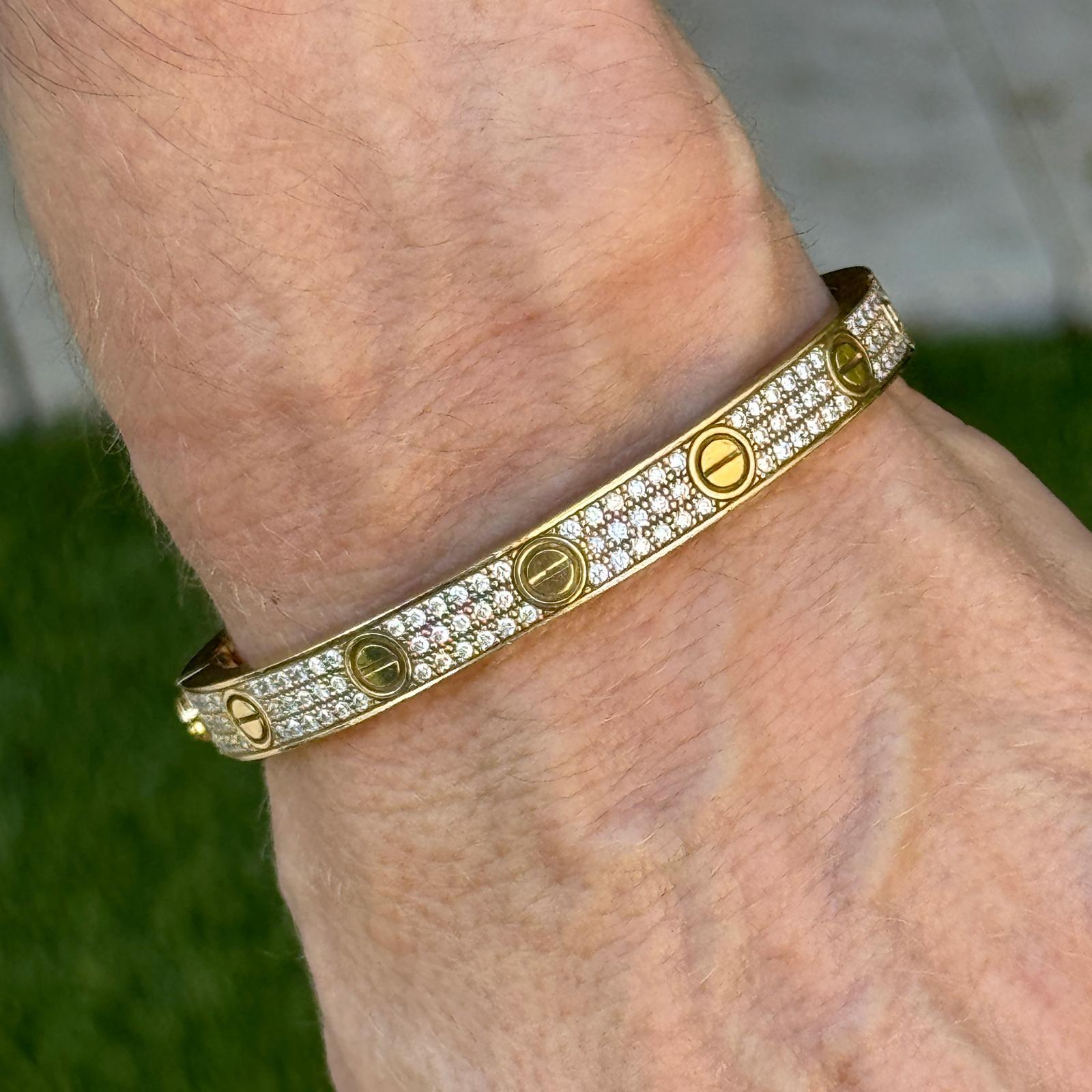 Modern Cartier LOVE Bracelet Pavé Diamond 18 Karat Yellow Gold Size 17 B&P's For Sale