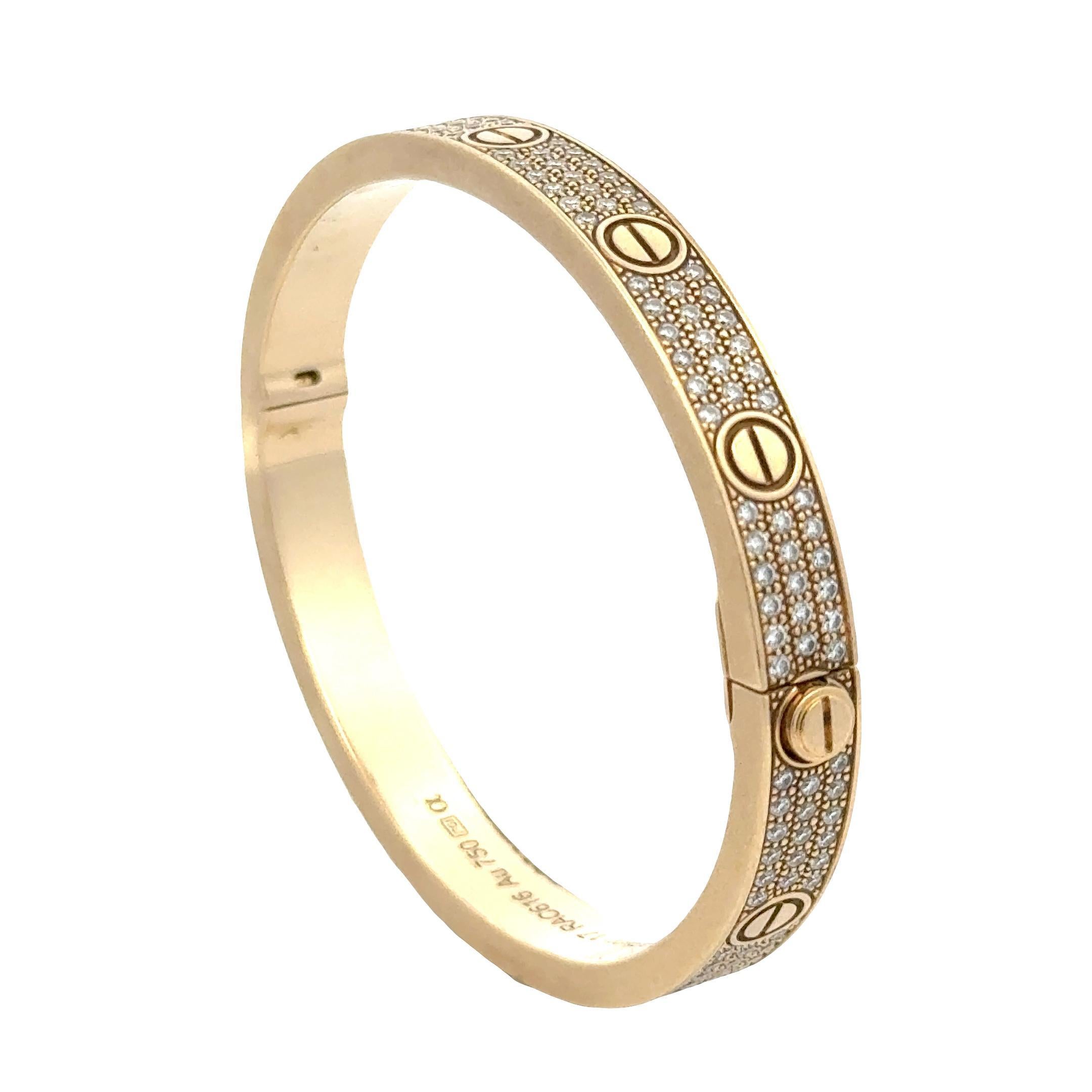 Brilliant Cut Cartier LOVE Bracelet Pavé Diamond 18 Karat Yellow Gold Size 17 B&P's For Sale
