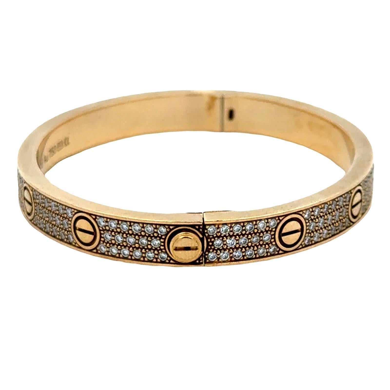 Cartier LOVE Bracelet Pavé Diamond 18 Karat Yellow Gold Size 17 B&P's In Excellent Condition For Sale In Boca Raton, FL