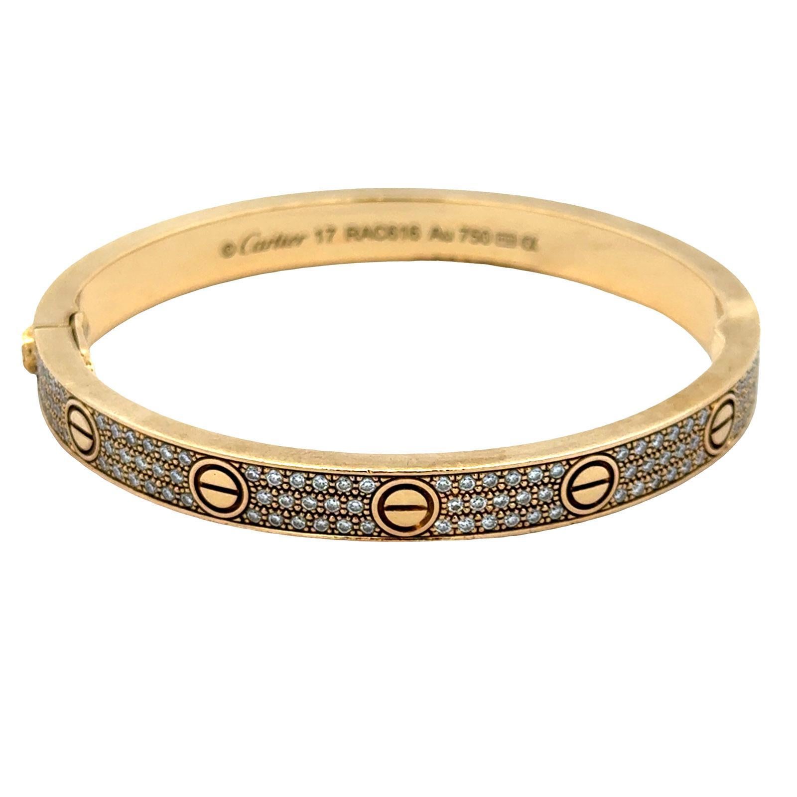 Women's Cartier LOVE Bracelet Pavé Diamond 18 Karat Yellow Gold Size 17 B&P's For Sale