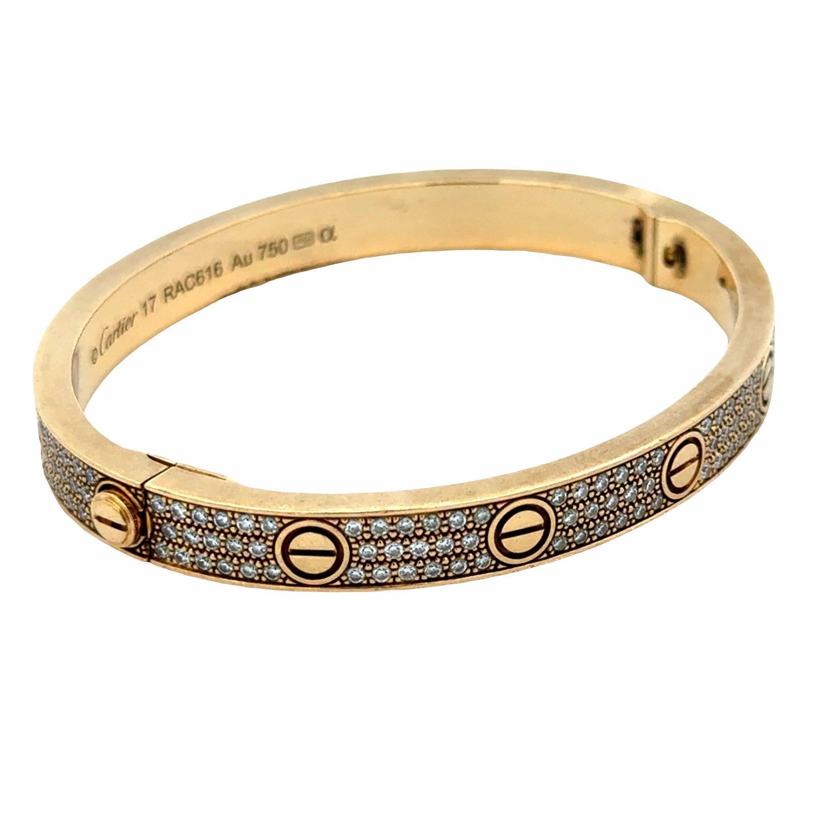 Cartier LOVE Bracelet Pavé Diamond 18 Karat Yellow Gold Size 17 B&P's For Sale 1