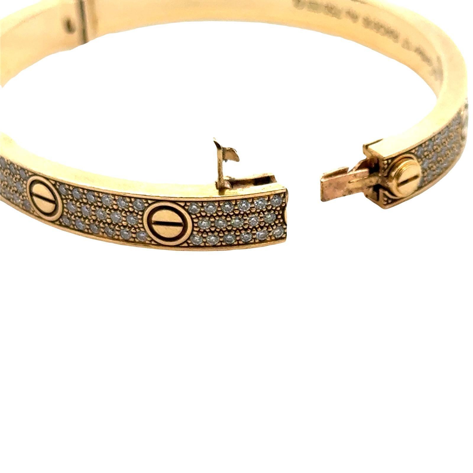 Cartier LOVE Bracelet Pavé Diamond 18 Karat Yellow Gold Size 17 B&P's For Sale 2