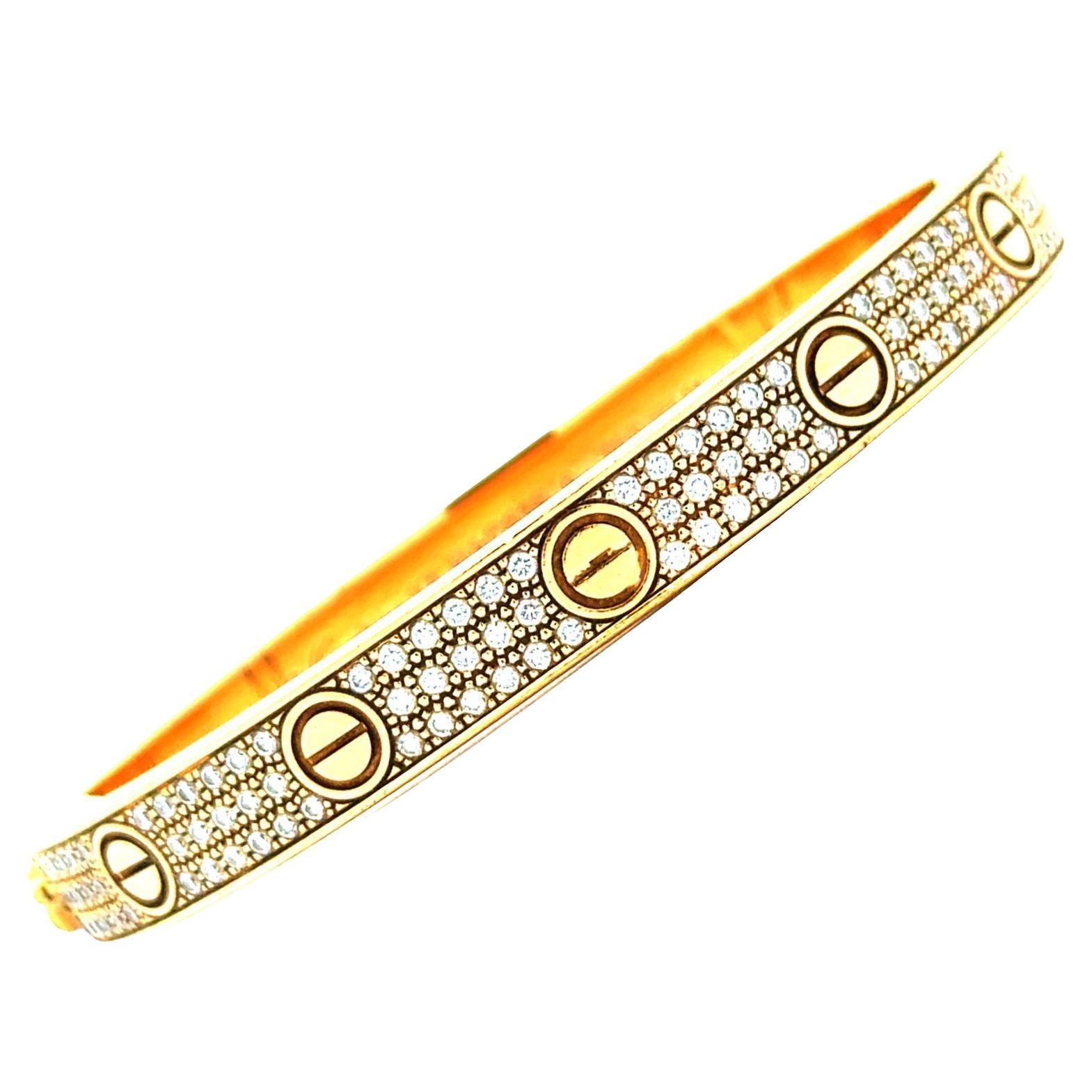 Cartier LOVE Bracelet Pavé Diamond 18 Karat Yellow Gold Size 17 B&P's For Sale