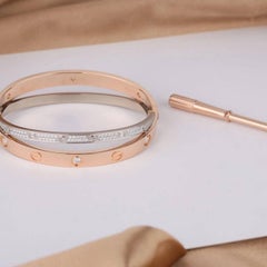 Cartier Love Bracelet Set in Rose and White Gold Pave Diamond